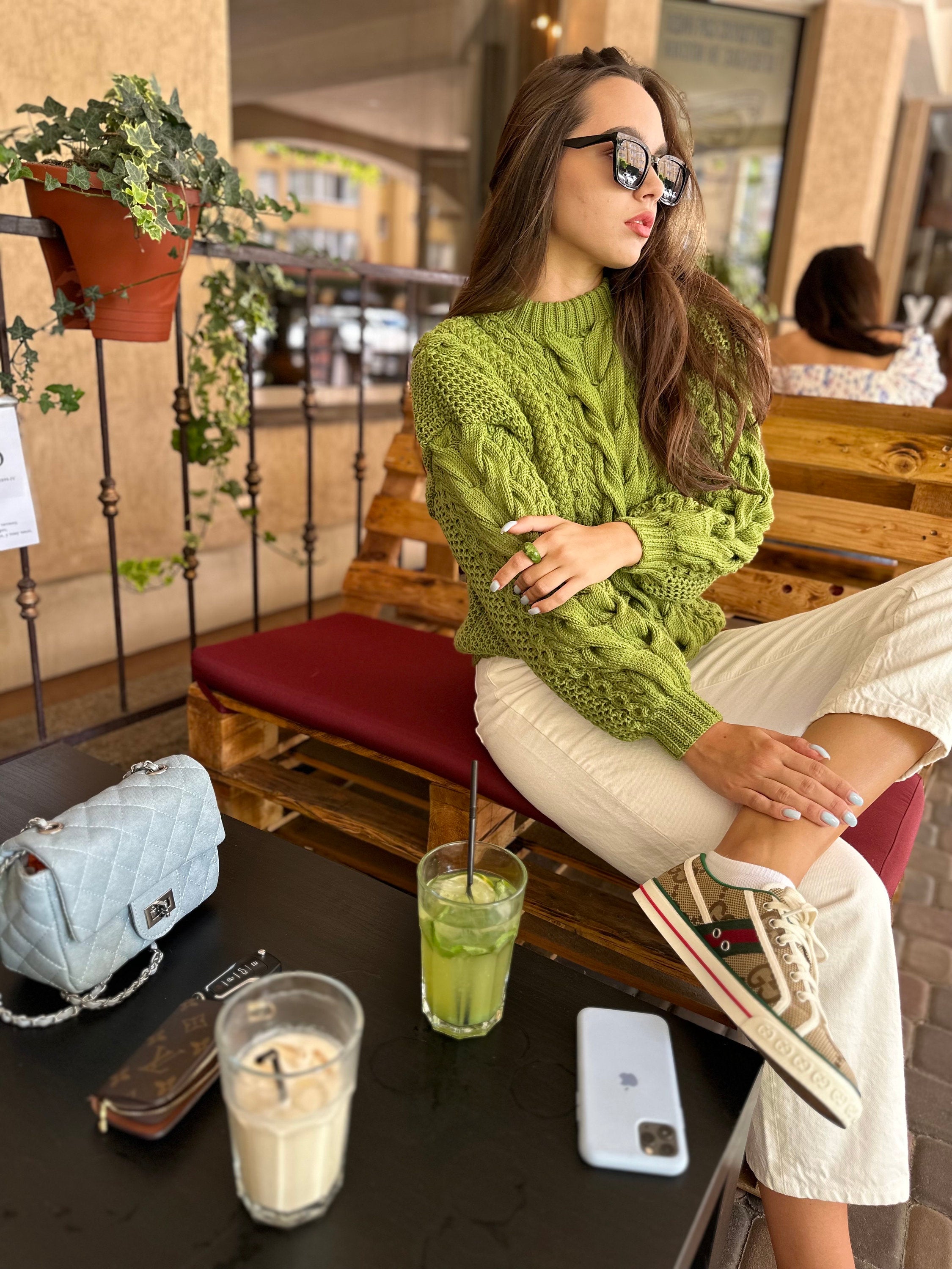Green Olive Pistachio thick Merino wool knit sweater for women Hand knitted jumper Cable knitting Loose knit Cable knit oversized pullover