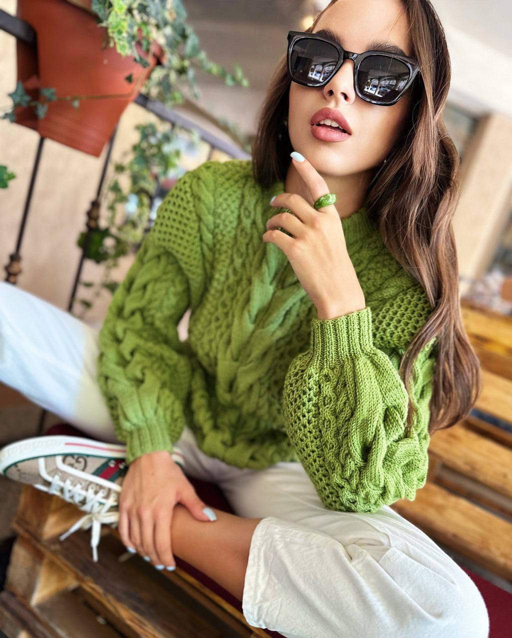 Green Olive Pistachio thick Merino wool knit sweater for women Hand knitted jumper Cable knitting Loose knit Cable knit oversized pullover