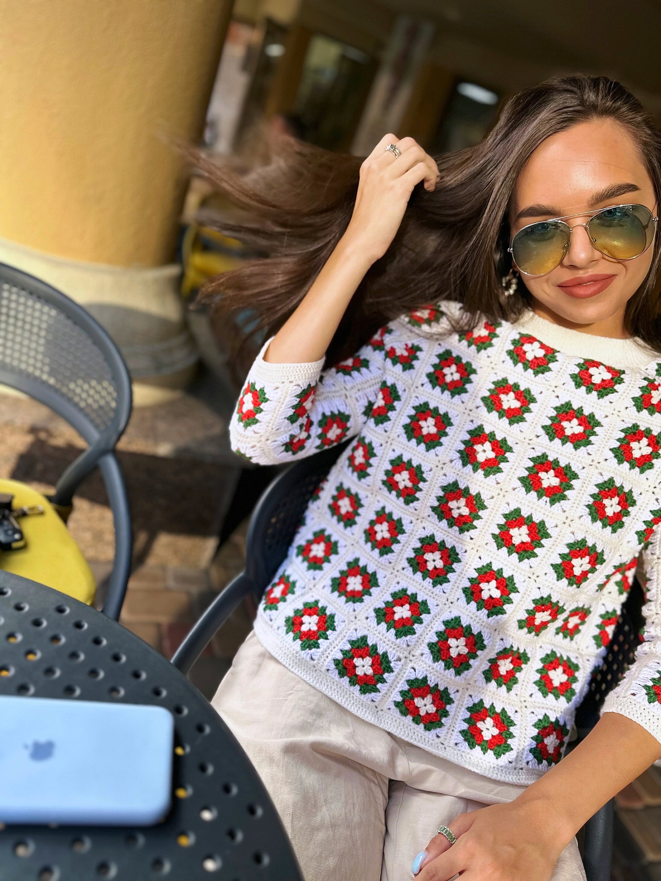 Crochet granny square white red green 3/4 sleeve sweater Top Patchwork pullover Boat collar Сropped sleeves Organic Cotton Sumer sweater