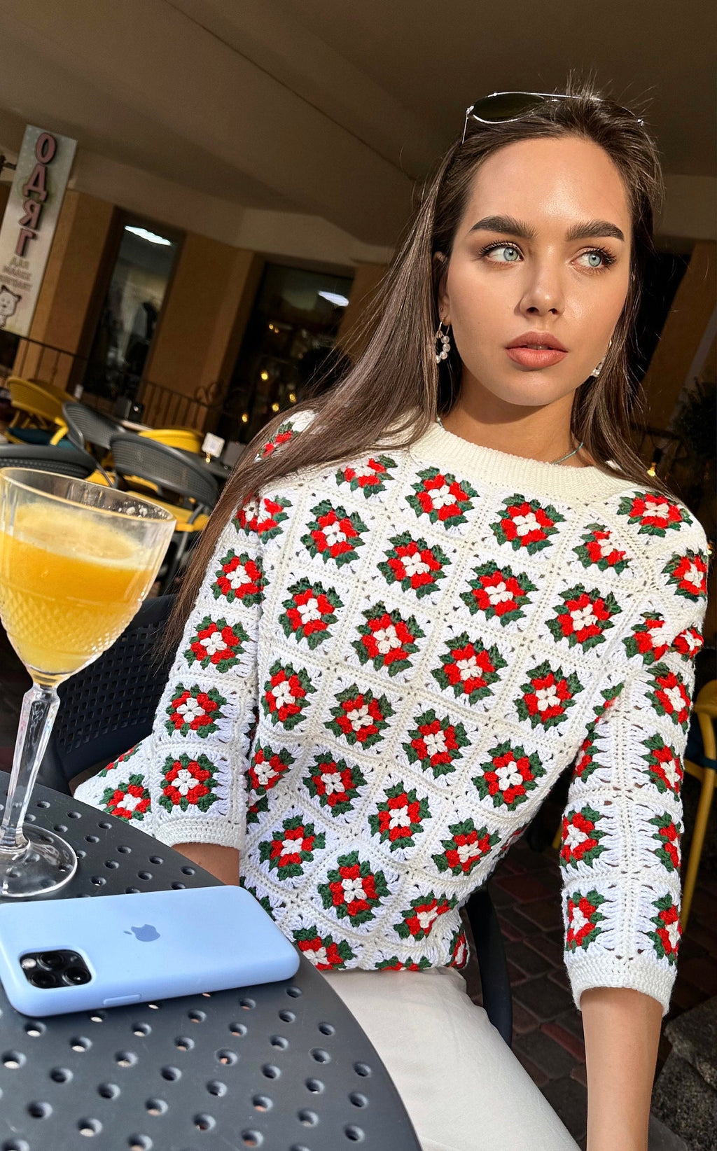 Crochet granny square white red green 3/4 sleeve sweater Top Patchwork pullover Boat collar Сropped sleeves Organic Cotton Sumer sweater