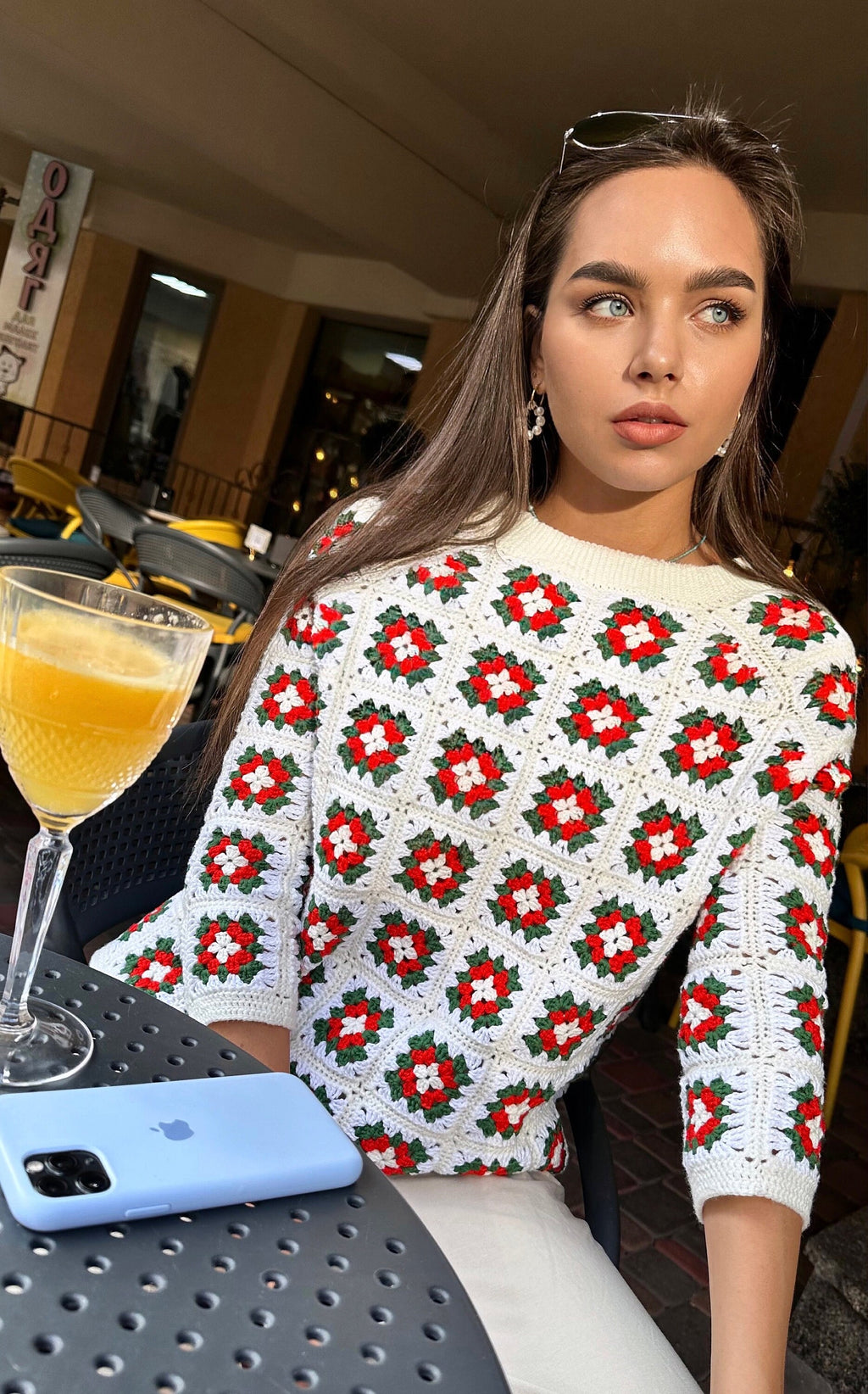 Crochet granny white sweater - Top Patchwork pullover Crochet crop white red green sweater Boat collar Сropped sleeves Cotton Merino wool