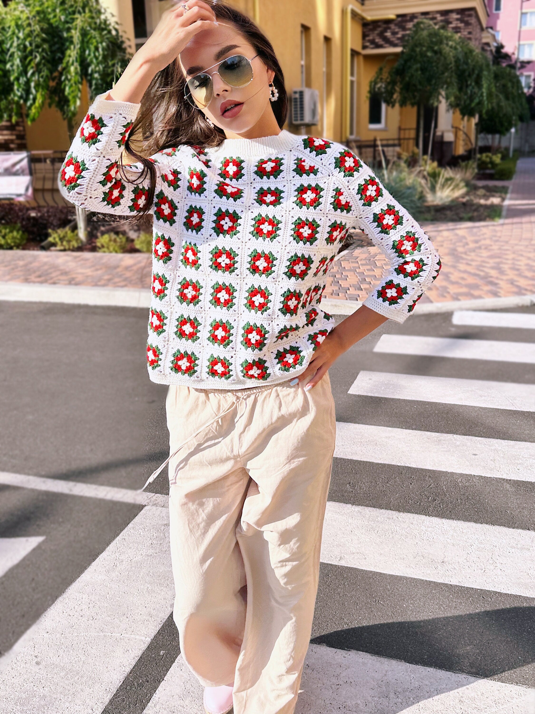 Crochet granny square white red green 3/4 sleeve sweater Top Patchwork pullover Boat collar Сropped sleeves Organic Cotton Sumer sweater