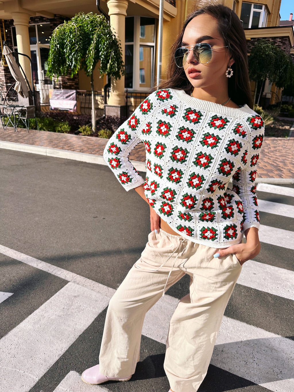 Crochet granny white sweater - Top Patchwork pullover Crochet crop white red green sweater Boat collar Сropped sleeves Cotton Merino wool