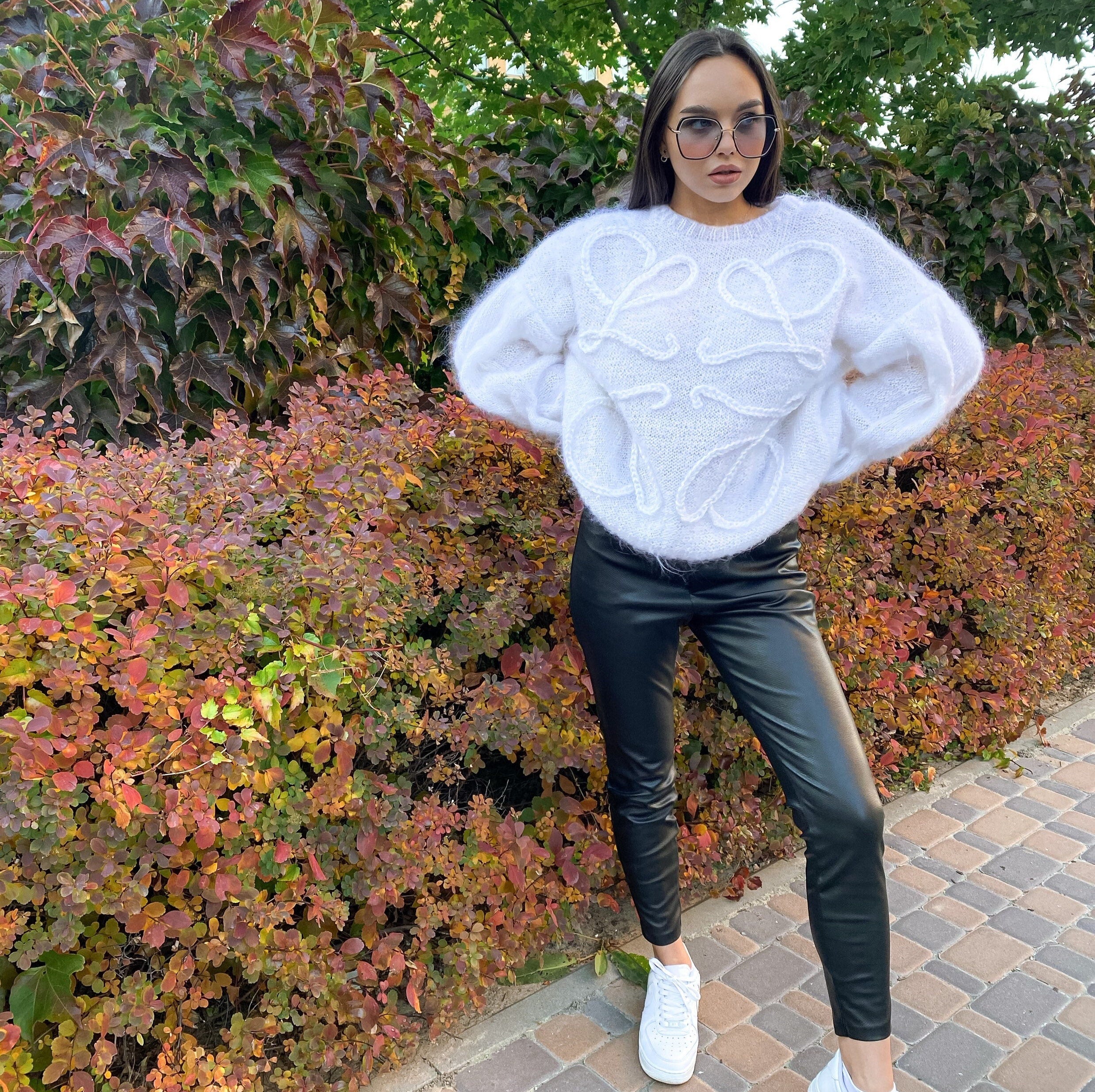 Mohair Cable knit Sweater White Fluffy oversized pullover lilac brown black purple Hand knit wool winter sweater for women Puff blouse