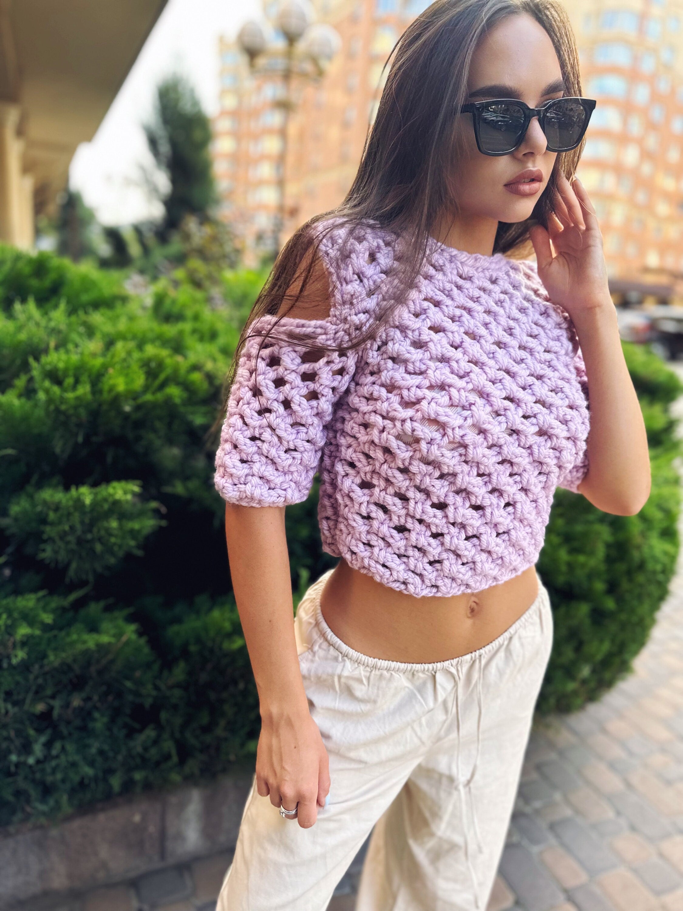 Crochet crop top short Sleeve Crochet Mesh Top Cable knit wool crop sweater Chunky knit short sleeve crop top Loose knit Pink Lilac