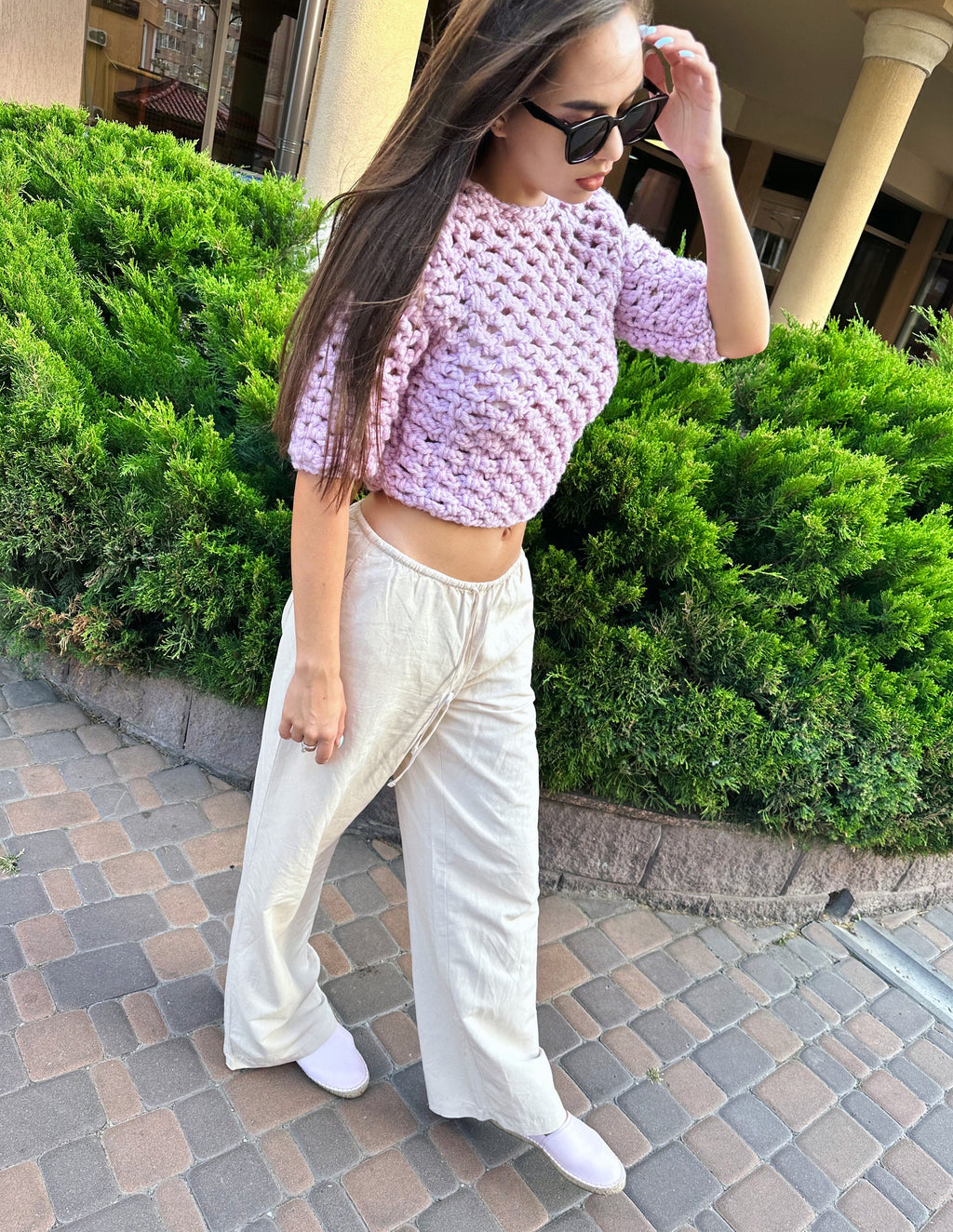 Crochet crop top short Sleeve Crochet Mesh Top Cable knit wool crop sweater Chunky knit short sleeve crop top Loose knit Pink Lilac