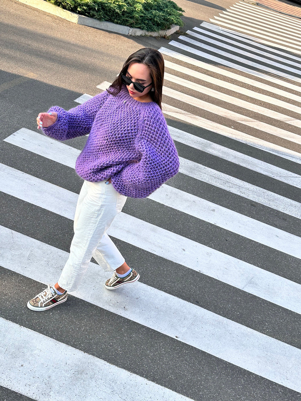 Chunky hand knit alpaca wool soft violet sweater purple Hand knit Pastel sweater Cable knit crop pullover Big cozy sweater for women