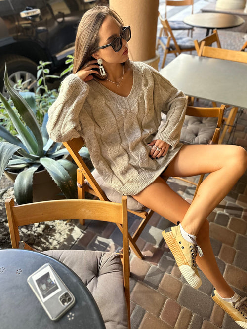 Alpaca wool cable knit oversize pastel sweater dresses women Beige melange pullover V -collar Long sweater Chunky knit loose sweater Cozy