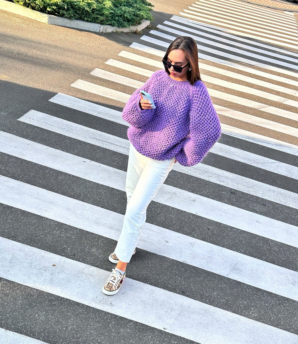 Chunky hand knit alpaca wool soft violet sweater purple Hand knit Pastel sweater Cable knit crop pullover Big cozy sweater for women