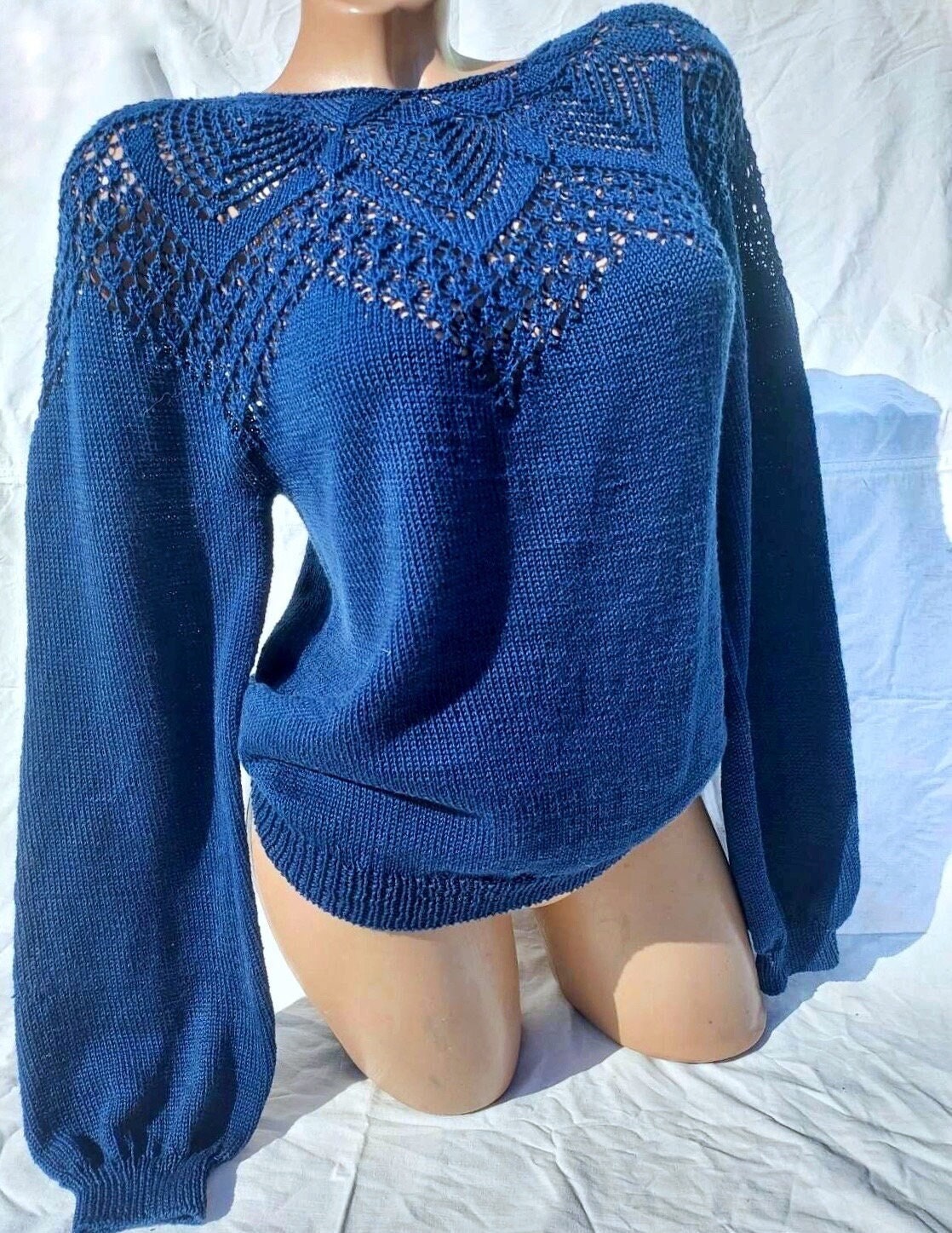 Knit cotton openwork sweater for women Slim Blue Sweater Eco Friendly Pullover Knitted Cape Bridal sweater Croche pullover