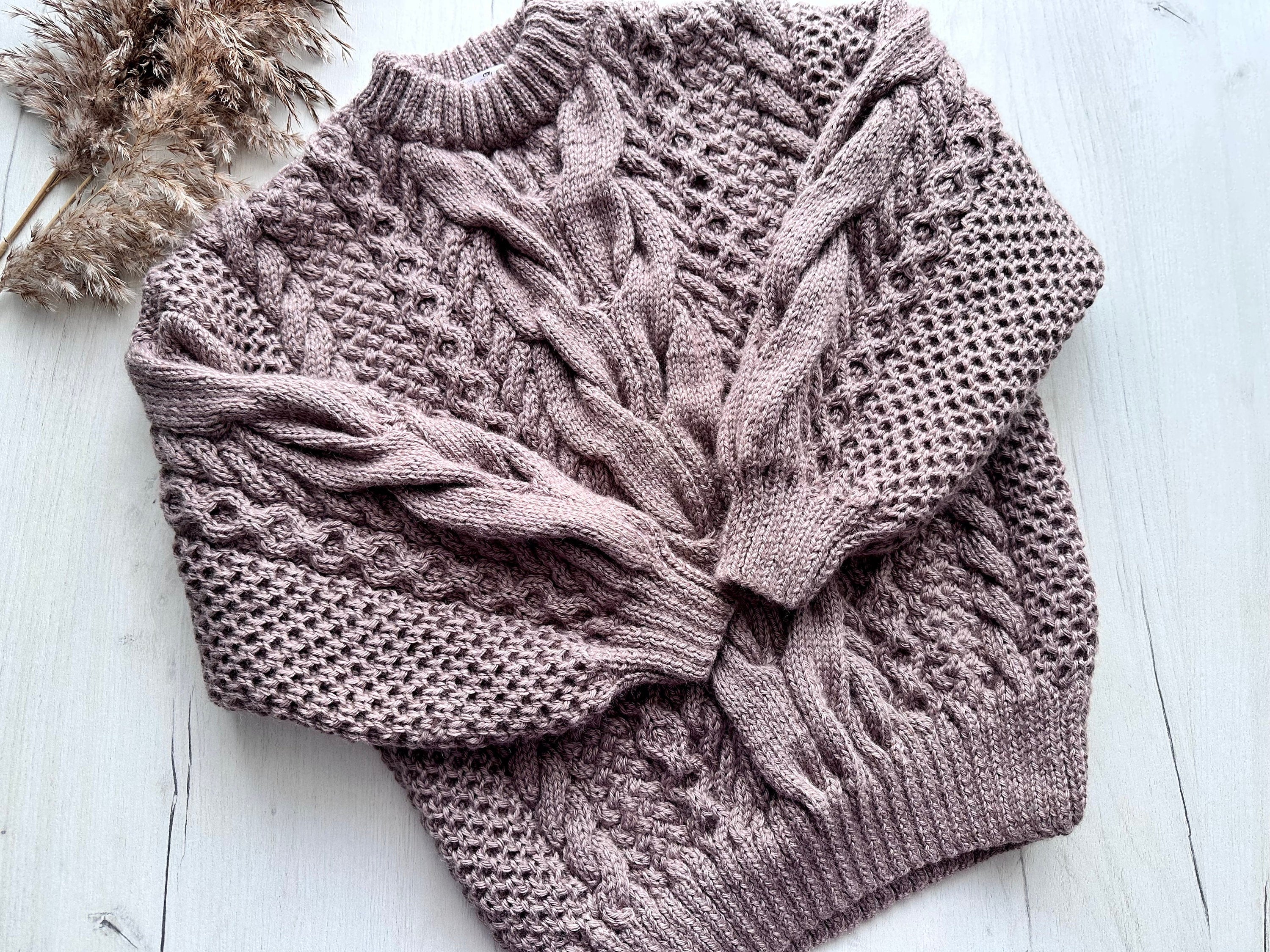 Hand knit Light brown Beige Pastel embroidered sweater soft merino wool mixture women Cute Chunky oversize sweater Cable knit pullover