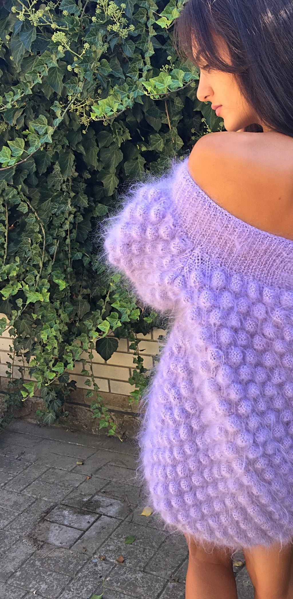 Oversized Knitted Mohair Sweater Dress Women Dress Bubbles Purple Lilac Bohemian Dress Sweater Dress Off Shoulder Half Sleeve Pom Poms