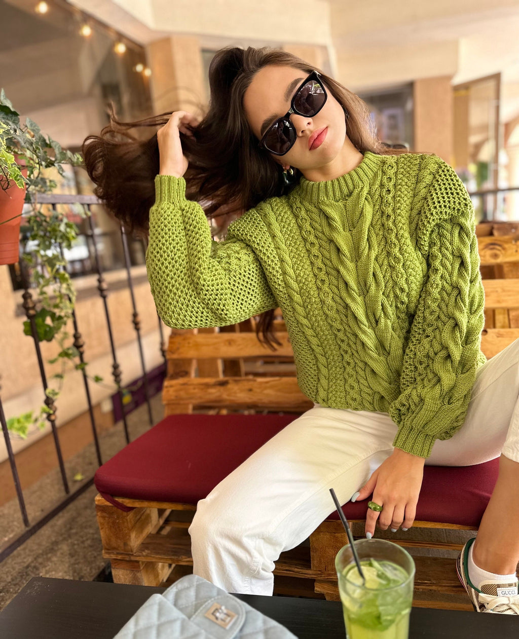 Green Olive Pistachio thick Merino wool knit sweater for women Hand knitted jumper Cable knitting Loose knit Cable knit oversized pullover
