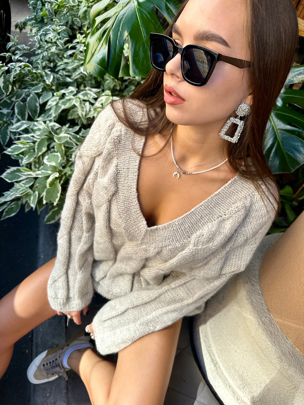 Alpaca wool cable knit oversize pastel sweater dresses women Beige melange pullover V -collar Long sweater Chunky knit loose sweater Cozy
