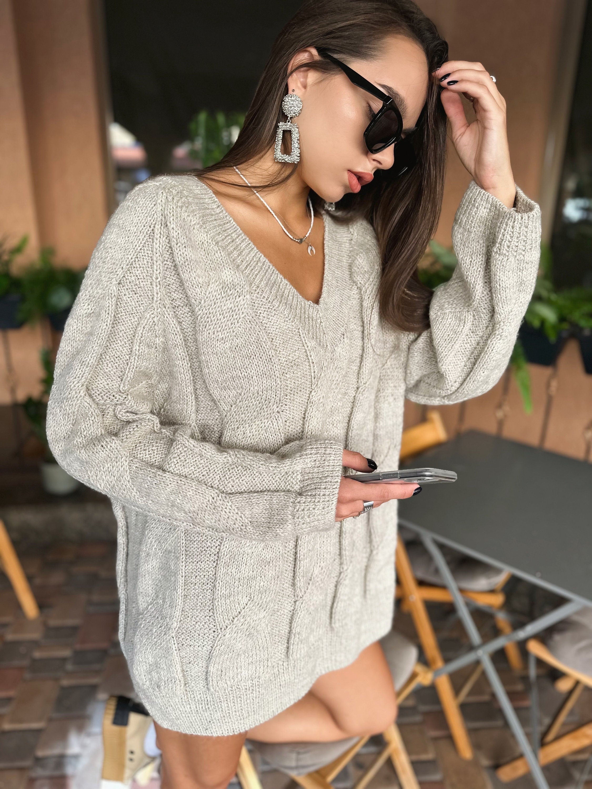 Alpaca wool cable knit oversize pastel sweater dress womens Off white wool sweater light Beige pullover V -collar Chunky knit loose sweater
