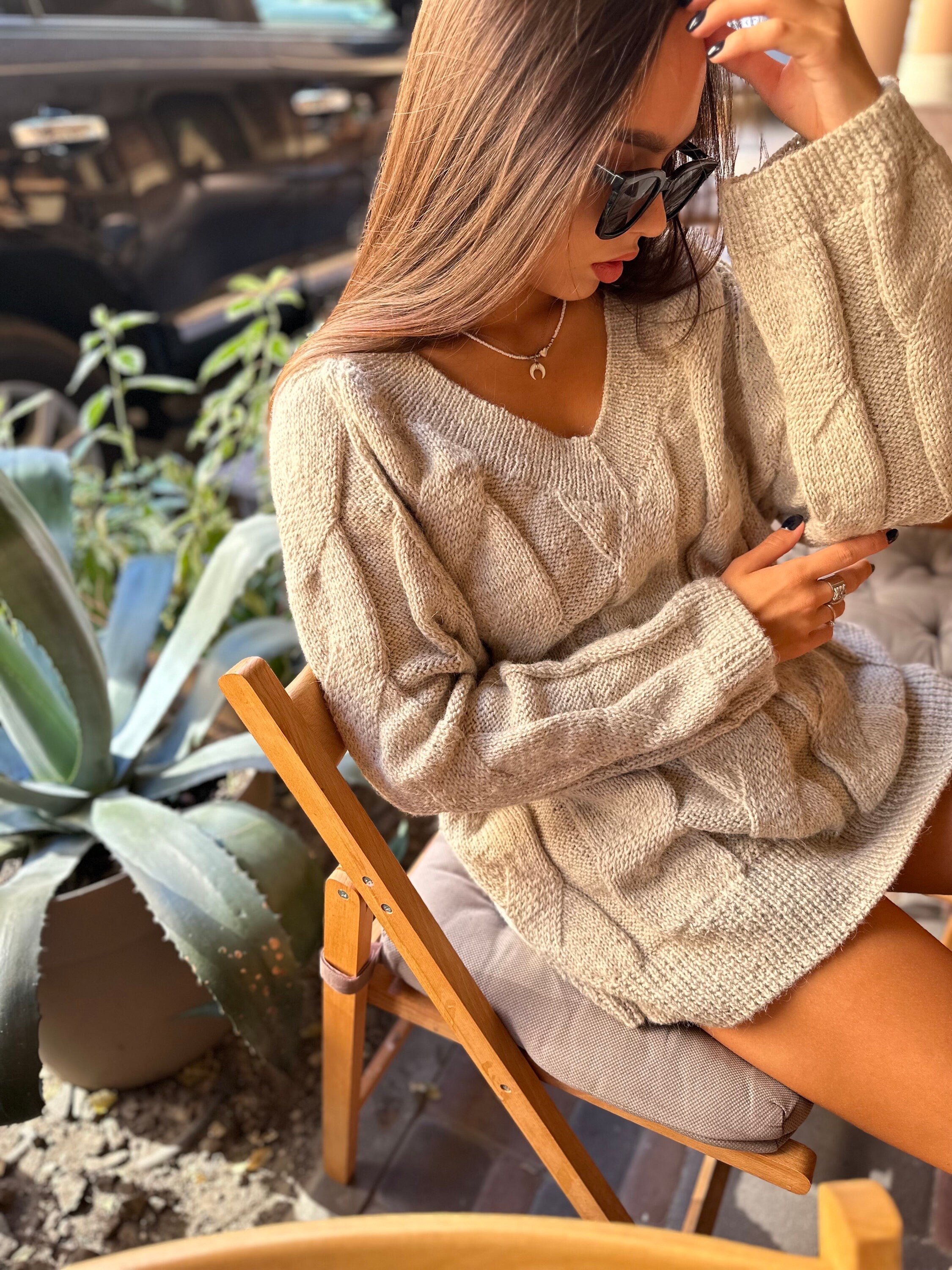 Alpaca wool cable knit oversize pastel sweater dress womens Off white wool sweater light Beige pullover V -collar Chunky knit loose sweater