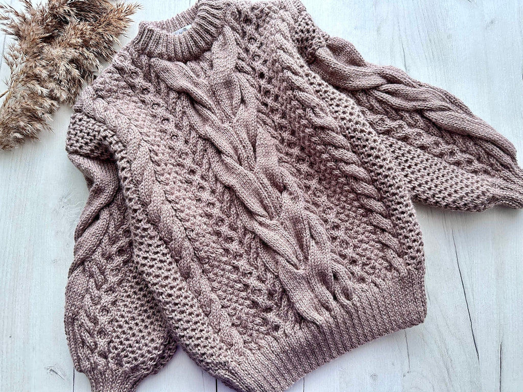 Hand knit Light brown Beige Pastel embroidered sweater soft merino wool mixture women Cute Chunky oversize sweater Cable knit pullover