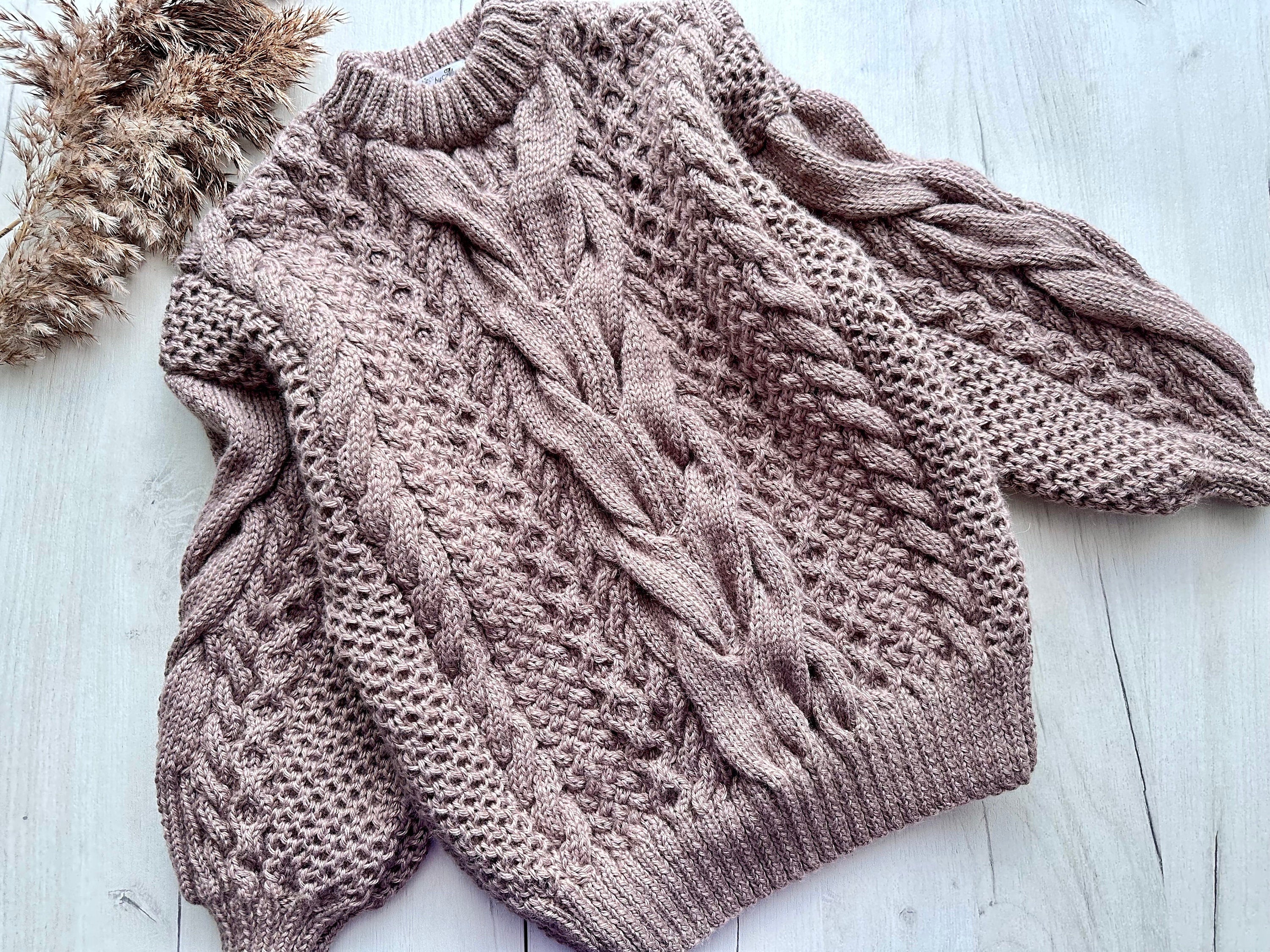 Hand knit Light brown Beige Pastel embroidered sweater soft merino wool mixture women Cute Chunky oversize sweater Cable knit pullover