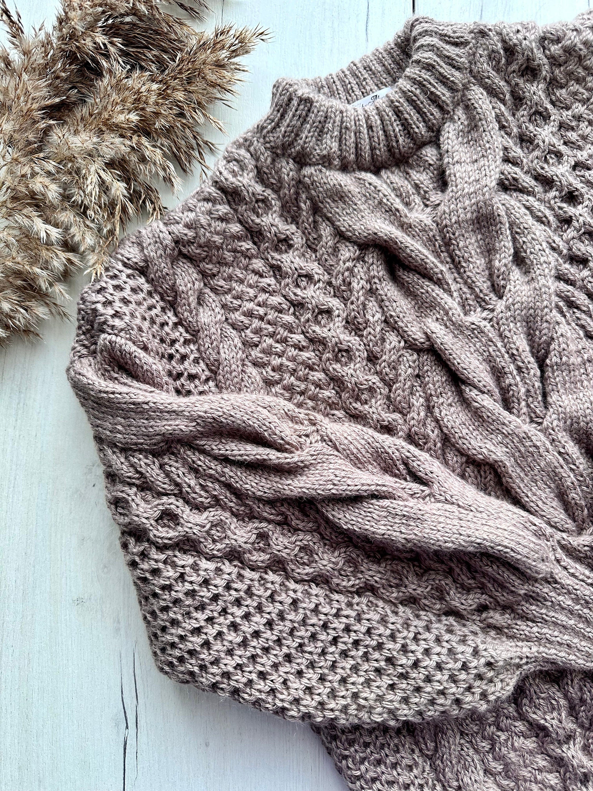 Hand knit Light brown Beige Pastel embroidered sweater soft merino wool mixture women Cute Chunky oversize sweater Cable knit pullover