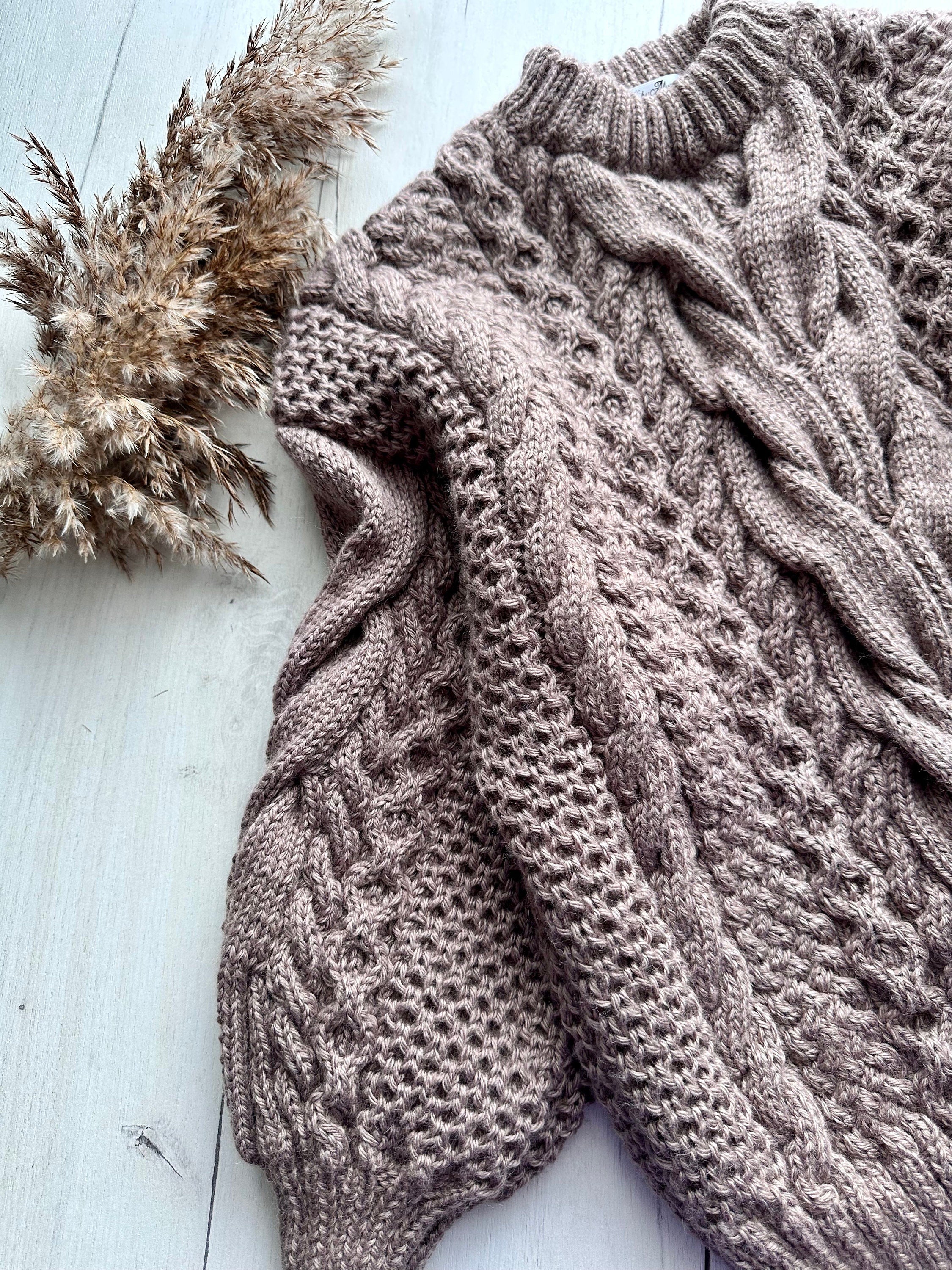 Hand knit Light brown Beige Pastel embroidered sweater soft merino wool mixture women Cute Chunky oversize sweater Cable knit pullover
