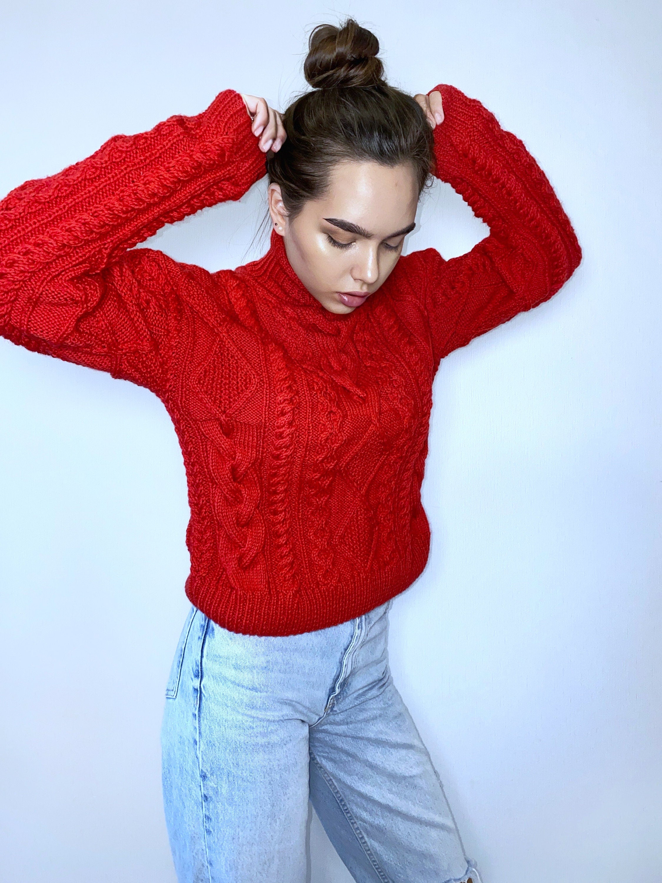Hand knit red merino soft mixture sweater Chunky knit turtleneck pullover Oversize crop sweater Women cable knit sweater White Cream Ivory