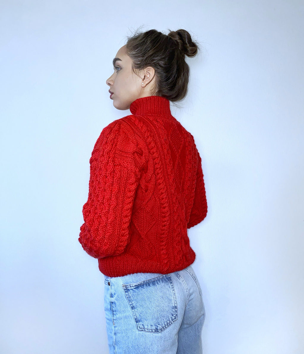 Hand knit red merino soft mixture sweater Chunky knit turtleneck pullover Oversize crop sweater Women cable knit sweater White Cream Ivory
