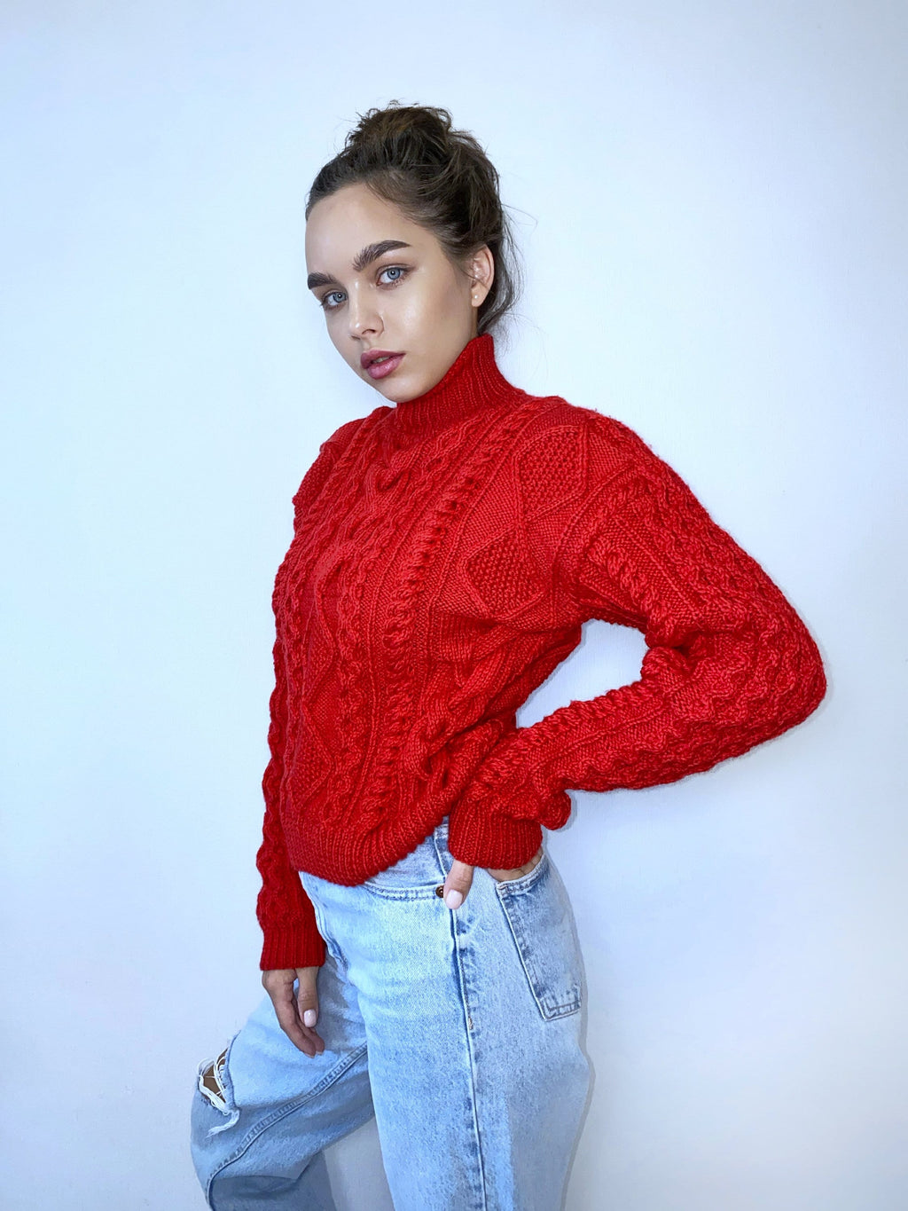 Hand knit red merino soft mixture sweater Chunky knit turtleneck pullover Oversize crop sweater Women cable knit sweater White Cream Ivory