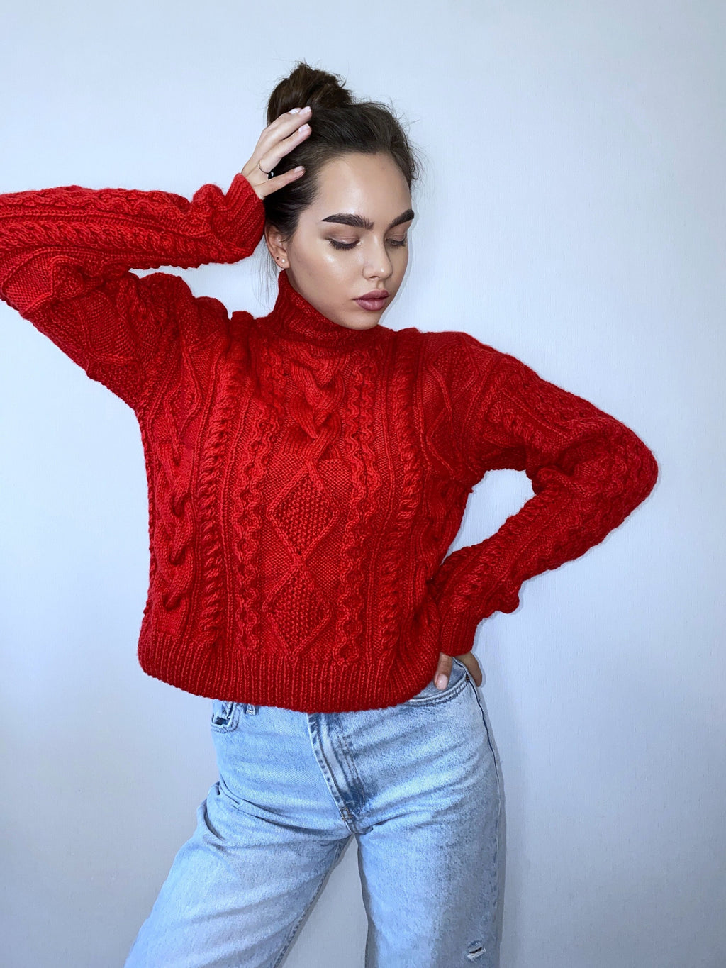 Hand knit red merino soft mixture sweater Chunky knit turtleneck pullover Oversize crop sweater Women cable knit sweater White Cream Ivory