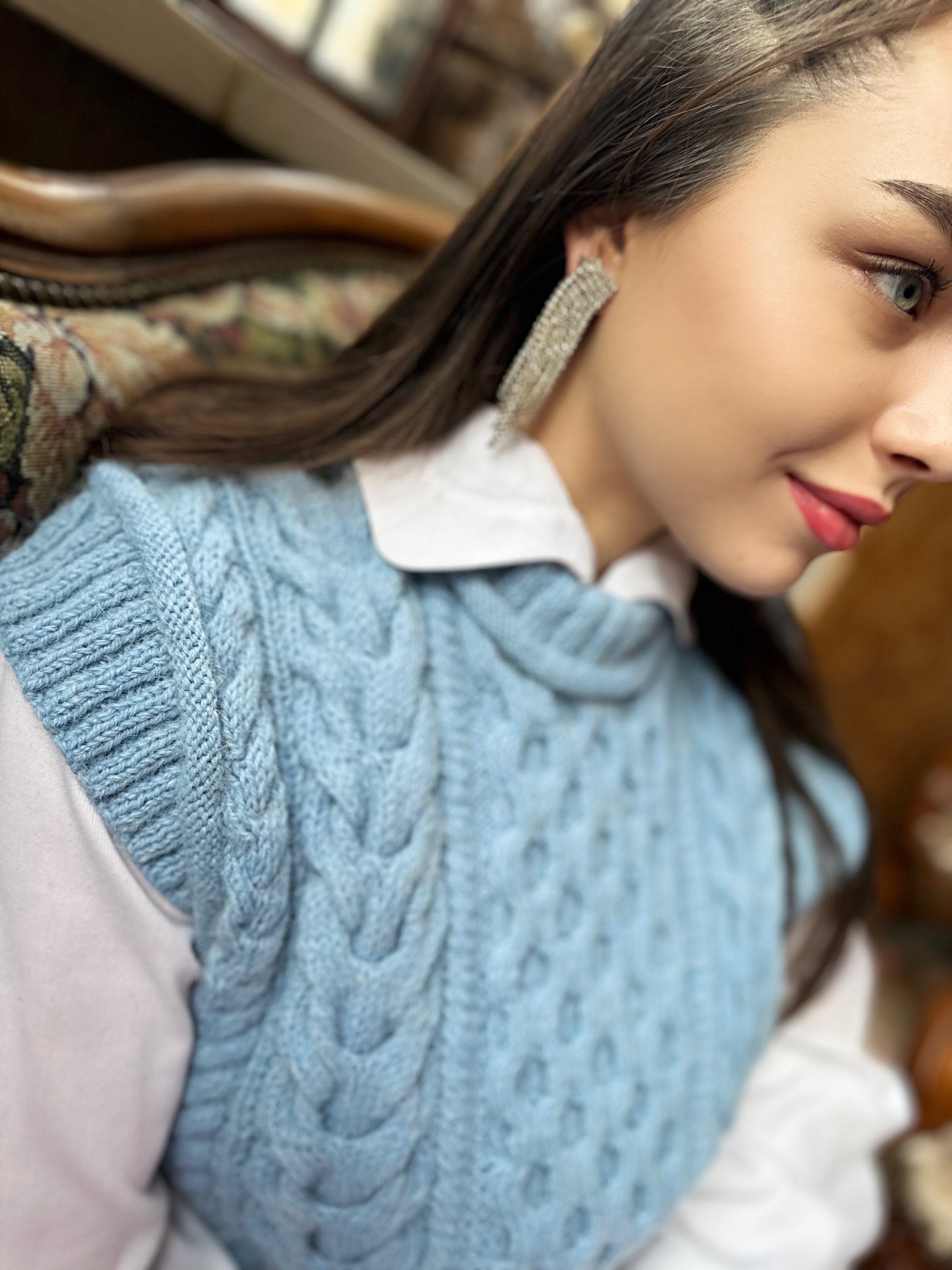 Knit alpaca wool sweater vest Chunky blue hand knit Sweater vest women Cable knit sweater office clothing Sleeveless Crew neck knit vest