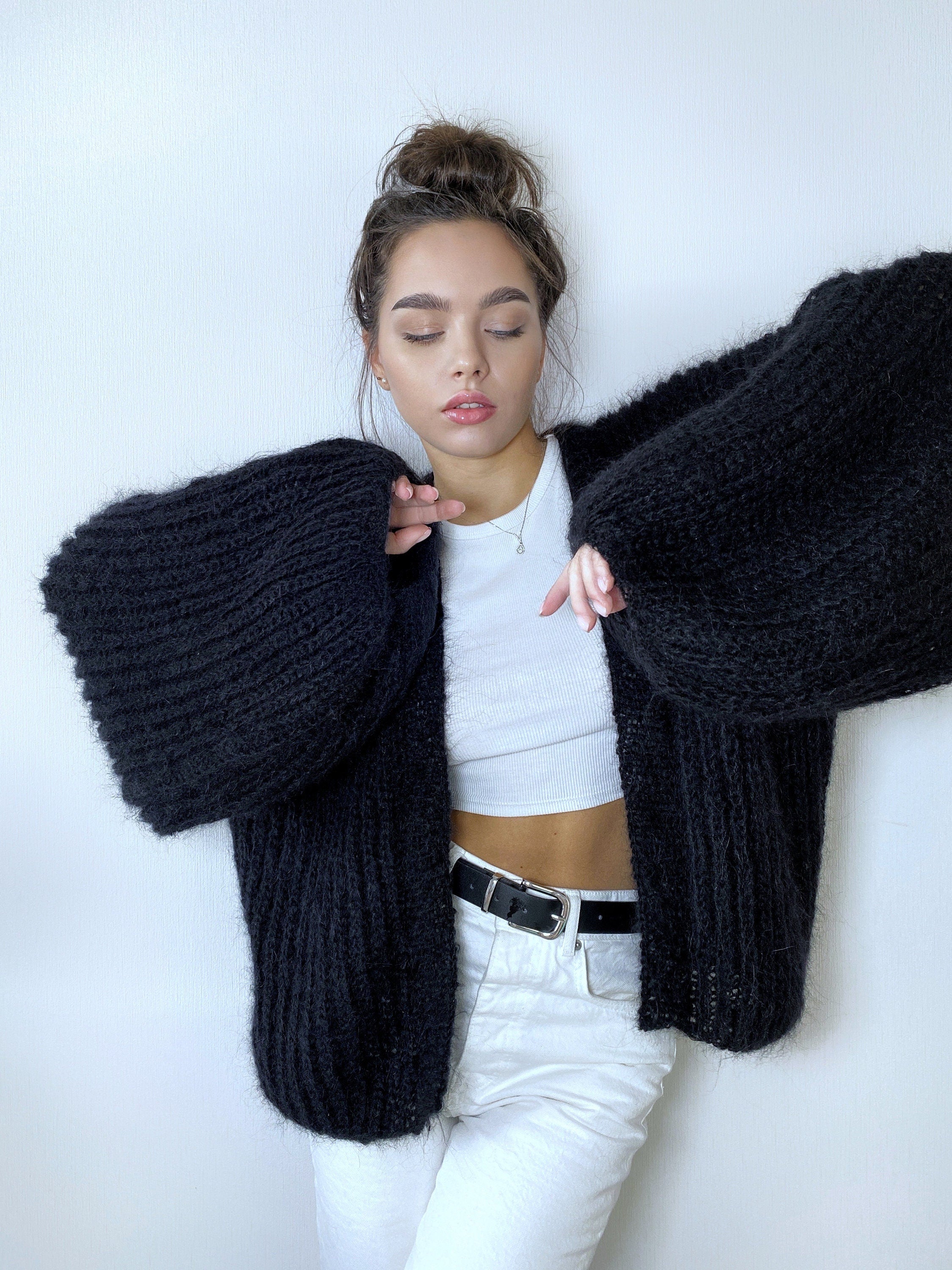 Knit short mohair cardigan black Mohair bolero Wedding Cardigan Wool fluffy cape Bridal jackets hawl Knitted jacket Chunky knit cardigan