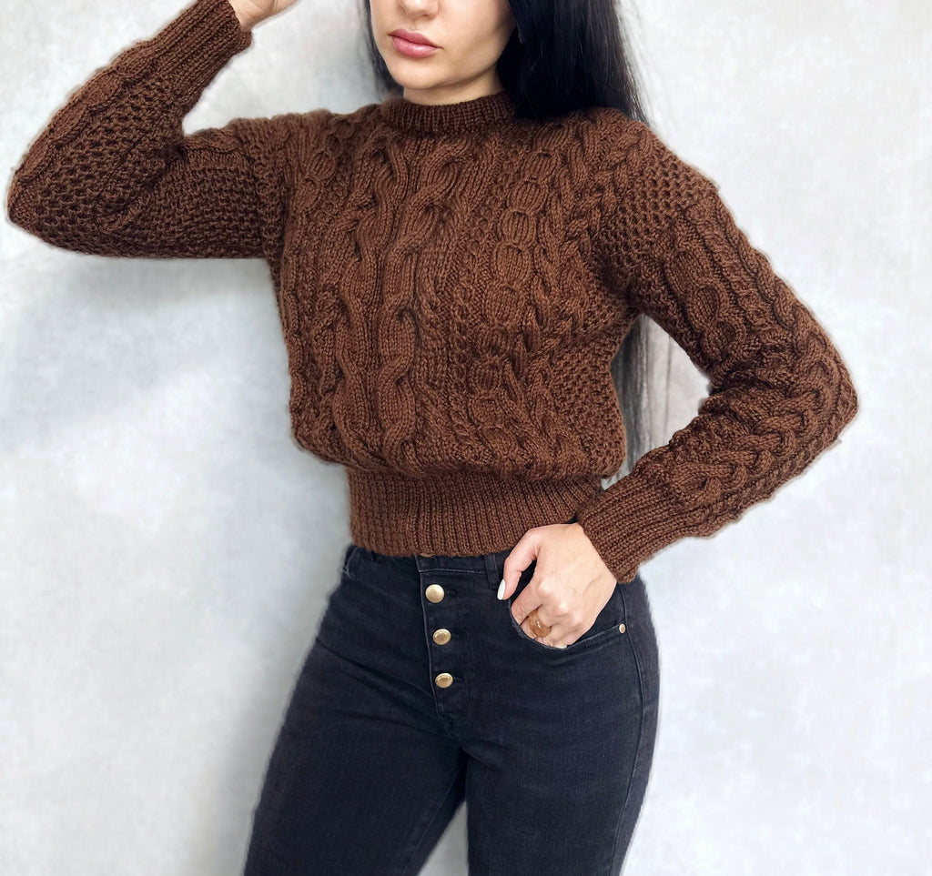 Crop knit Chocolate aran sweater top women/hand knit jumper/Cable knitting/Loose knit/Oversized/women many colors knitted sweater/High waist
