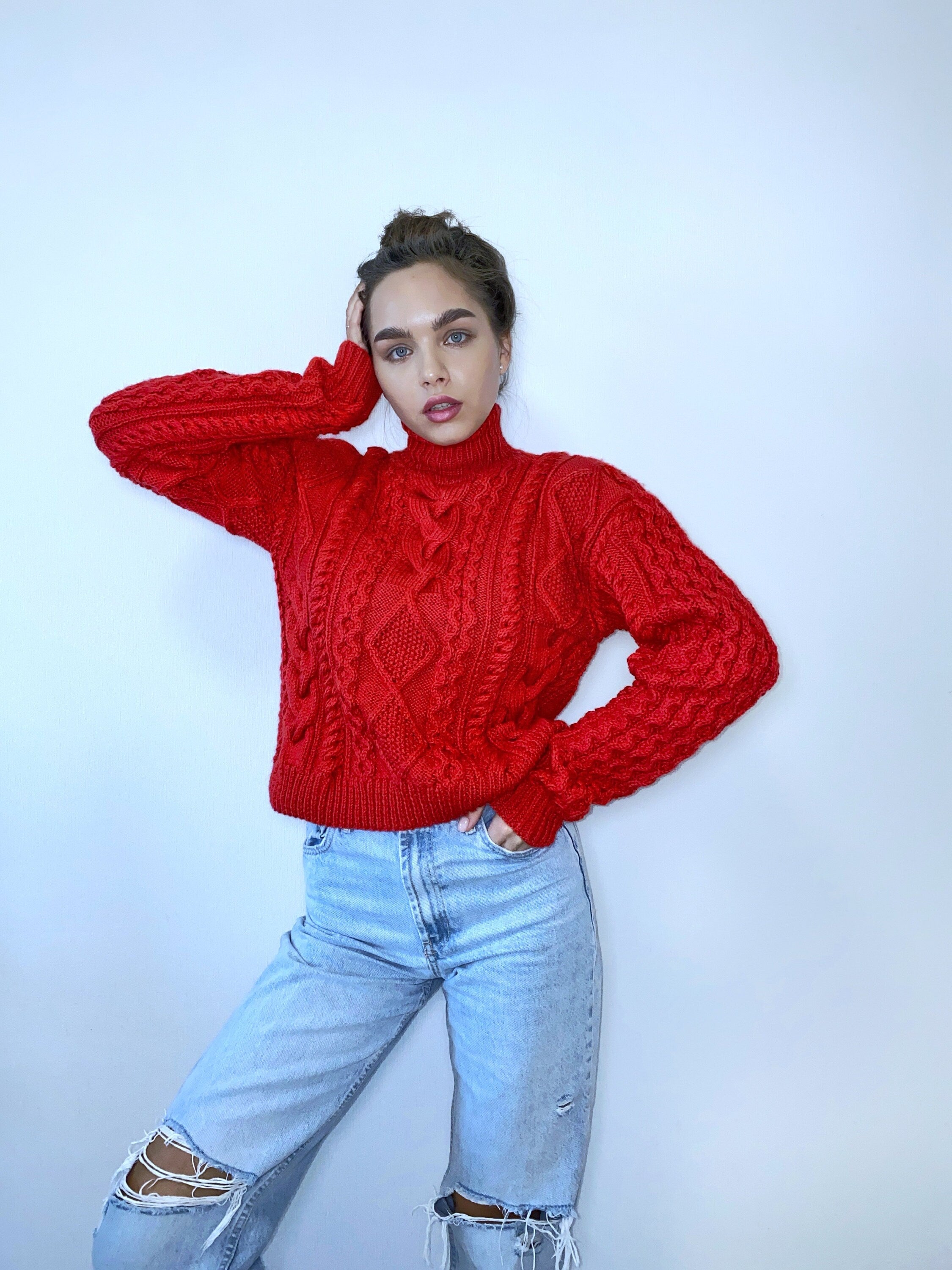 Hand knit red merino soft mixture sweater Chunky knit turtleneck pullover Oversize crop sweater Women cable knit sweater White Cream Ivory