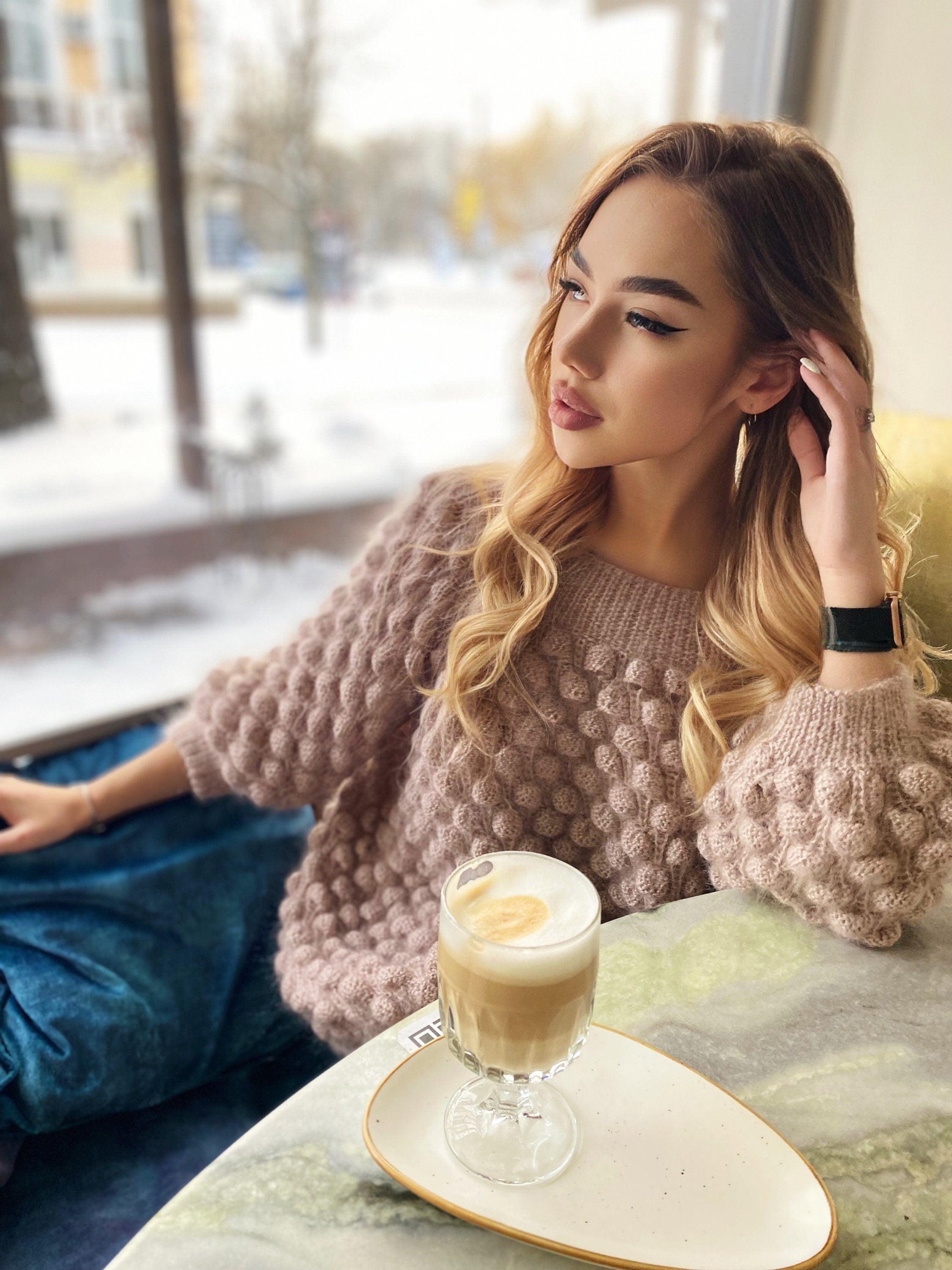 Mohair beige oversized sweater dress off the shoulder Chunky hand knit dress Open shoulders wool long sweater Many colors sweater-dress