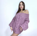 Off the shoulder aran lilac hand knit soft merino wool sweater Cable knit Сhunky sweater dress/sustainable knitwear Cowl neck sweater