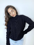 Hand knit soft merino wool sweater Chunky knit organic cotton turtleneck pullover Oversize crop sweater Women cable knit sweater Black White