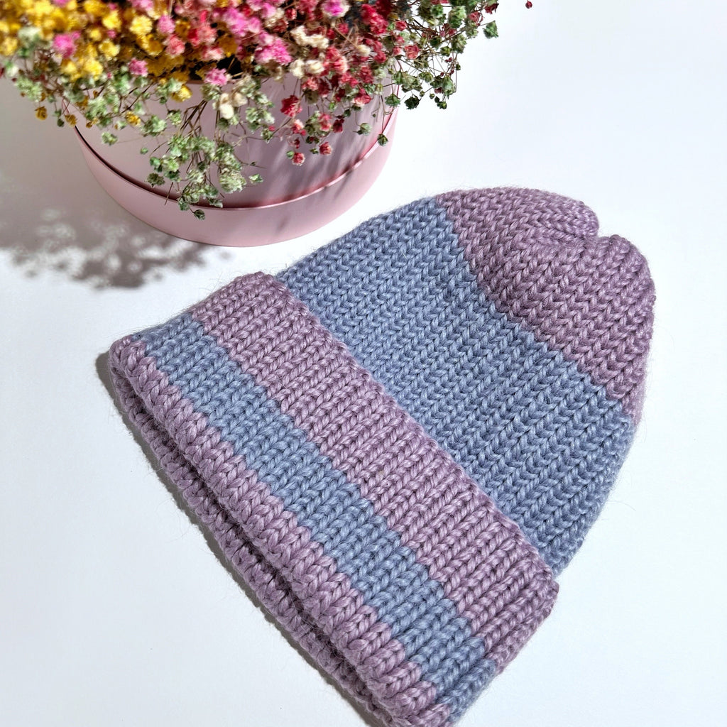 Knitted winter alpaca lilac beanie hat wool Lilac blue purple hat women unisex men Mini warm hat stocking Cable tie wraps around