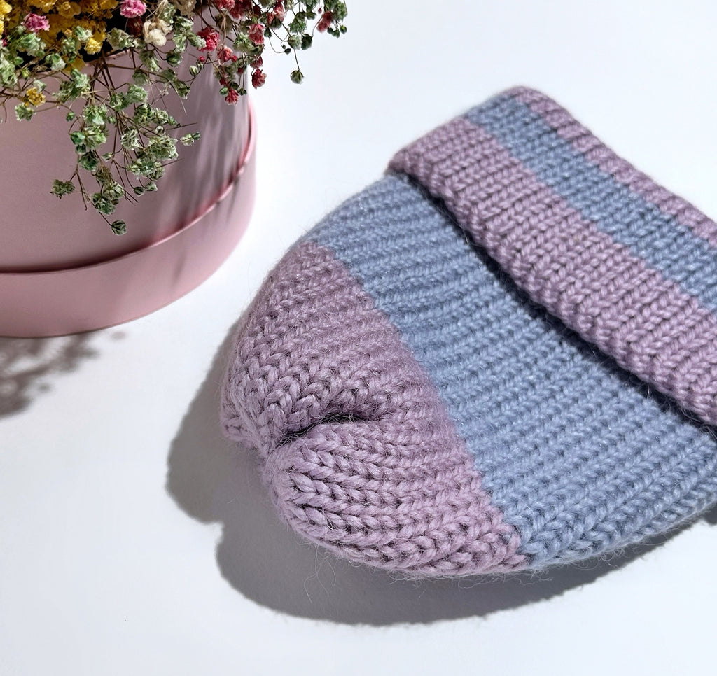 Knitted winter alpaca lilac beanie hat wool Lilac blue purple hat women unisex men Mini warm hat stocking Cable tie wraps around