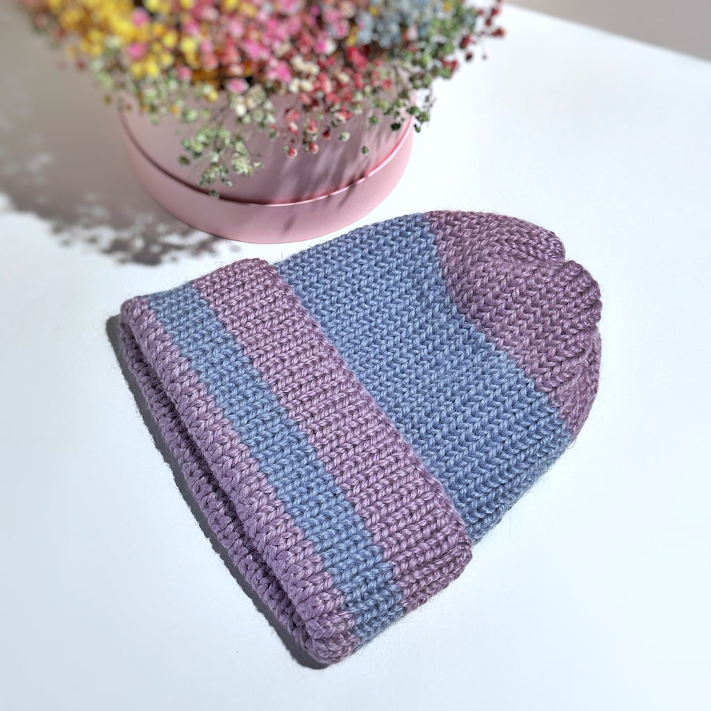 Knitted winter alpaca lilac beanie hat wool Lilac blue purple hat women unisex men Mini warm hat stocking Cable tie wraps around