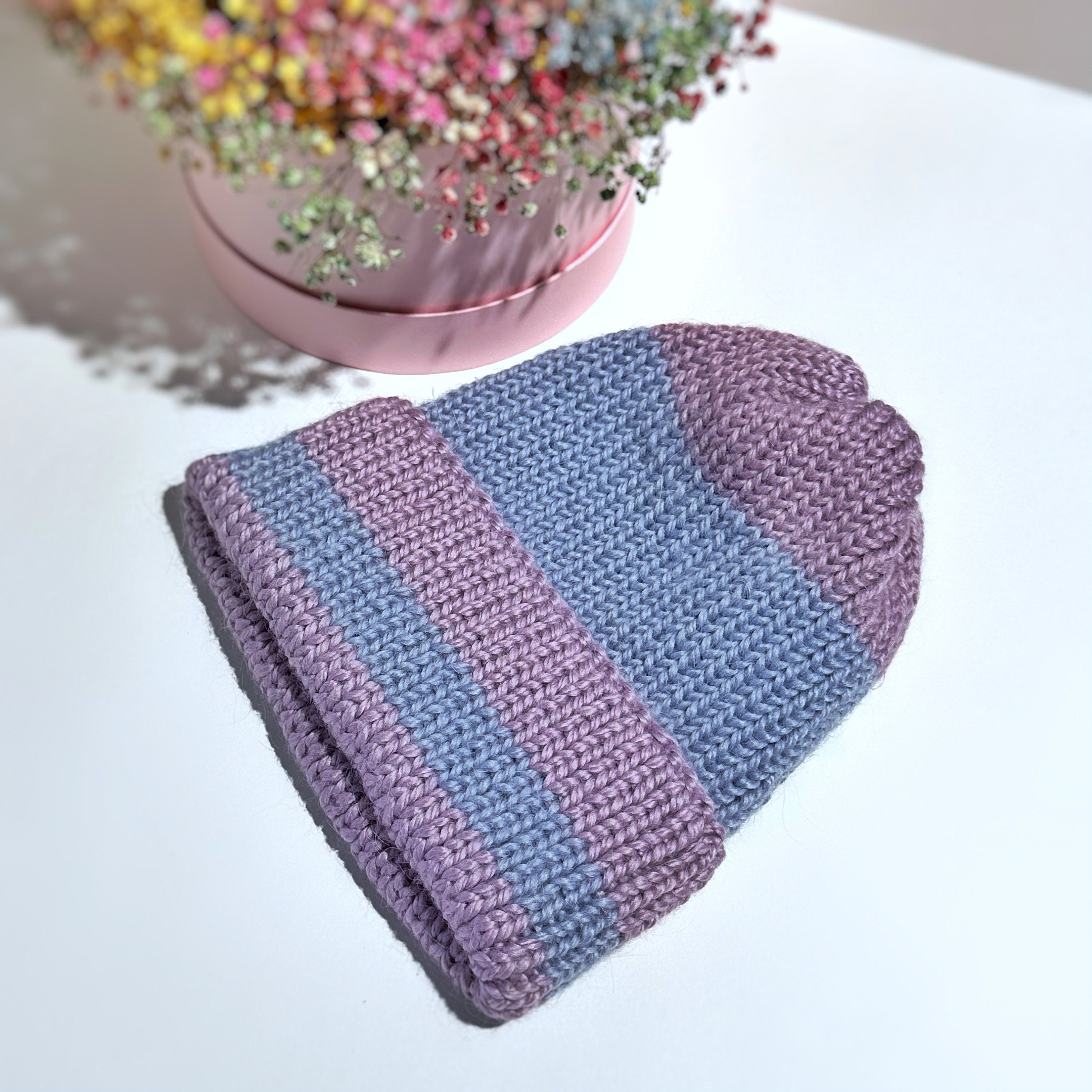 Knitted winter alpaca lilac beanie hat wool Lilac blue purple hat women unisex men Mini warm hat stocking Cable tie wraps around