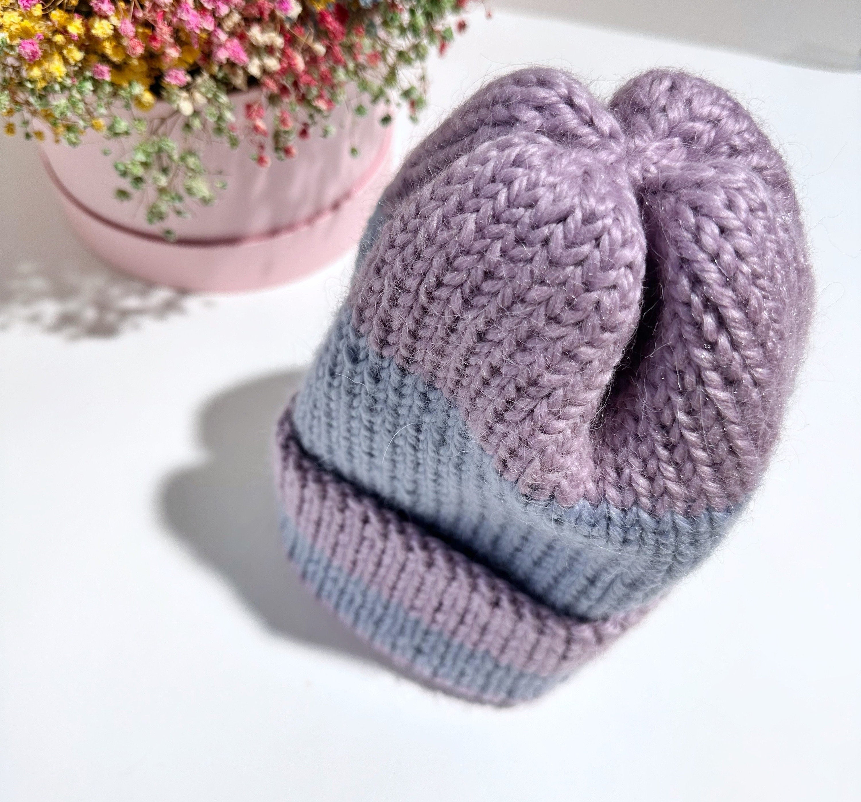 Knitted winter alpaca lilac beanie hat wool Lilac blue purple hat women unisex men Mini warm hat stocking Cable tie wraps around