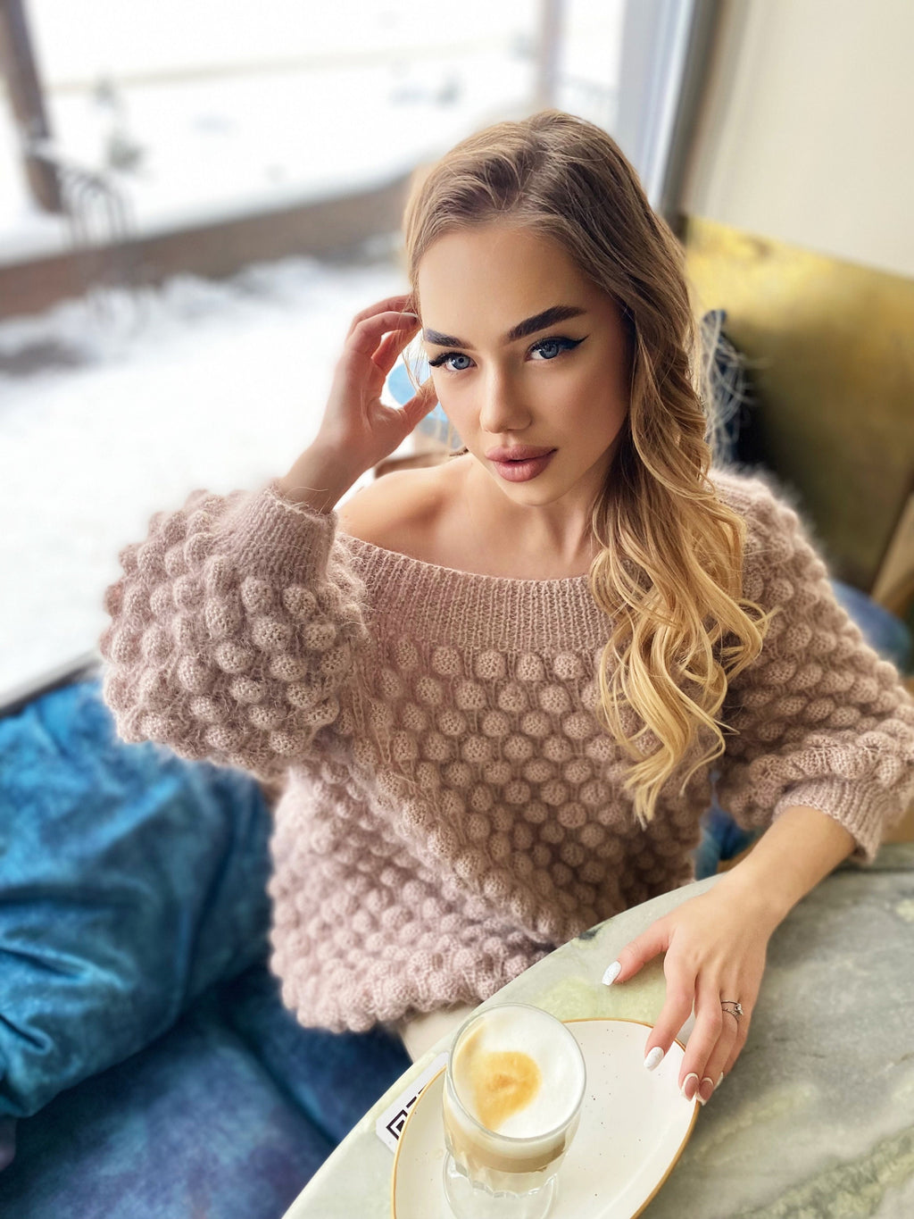 Mohair beige oversized sweater dress off the shoulder Chunky hand knit dress Open shoulders wool long sweater Many colors sweater-dress