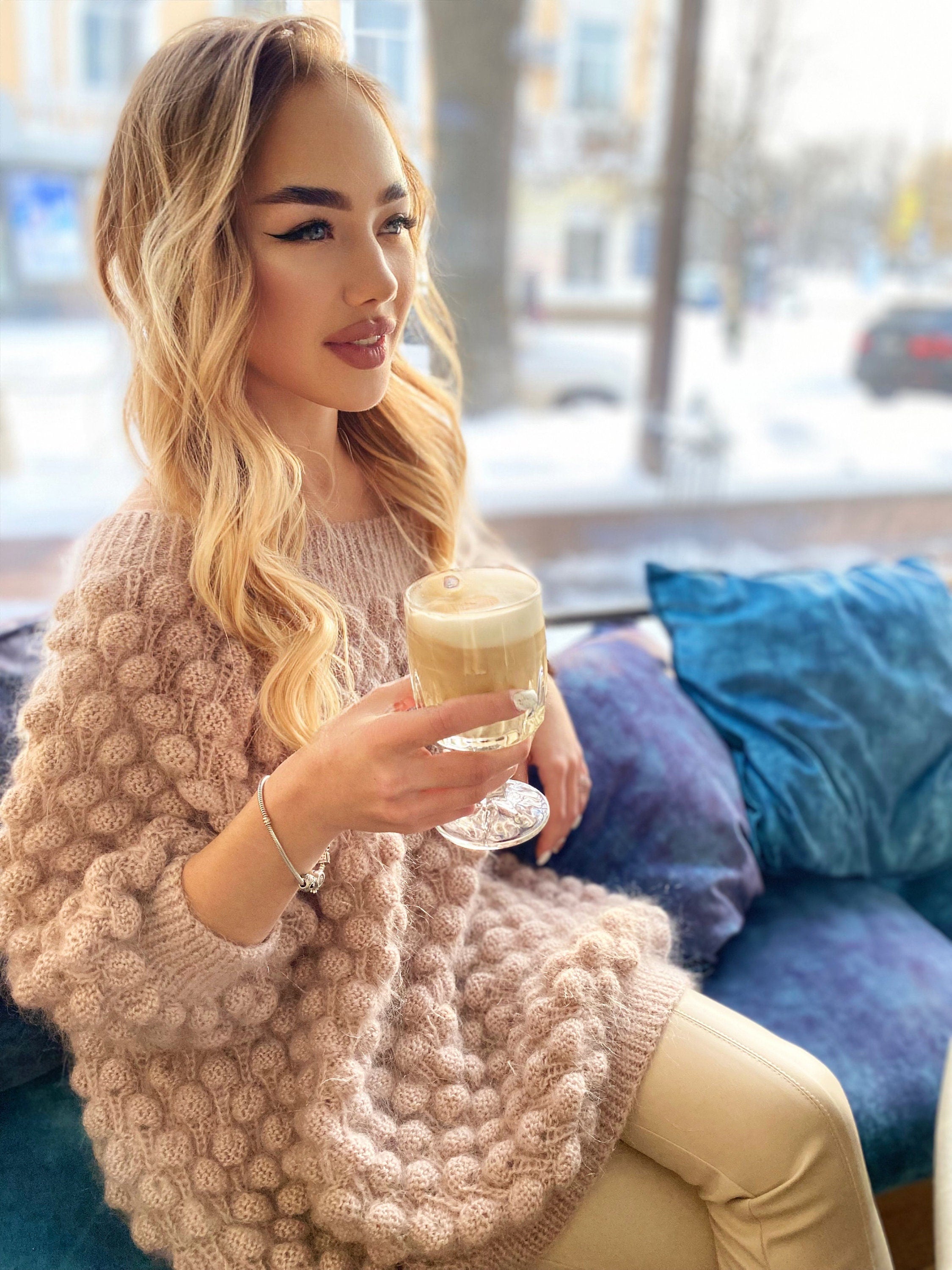 Mohair beige oversized sweater dress off the shoulder Chunky hand knit dress Open shoulders wool long sweater Many colors sweater-dress