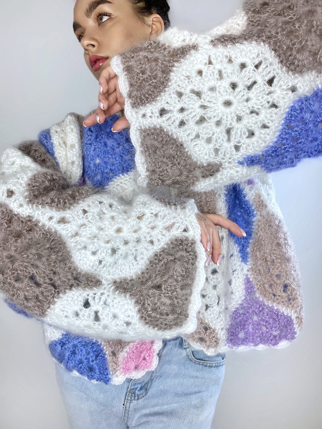 Mohair fluffy crochet cardigan for women patchwork Balloon sleeves Mohair knit sweater Multicolor knitted coat Jacket Women cardigan boler