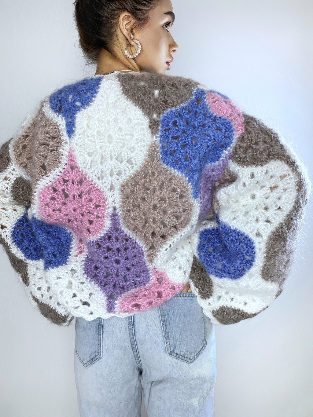 Knit mohair cardigan for women Crochet patchwork Balloon sleeves Mohair sweater Multicolor knitted coat Jacket Women Fluffy cardigan bolero