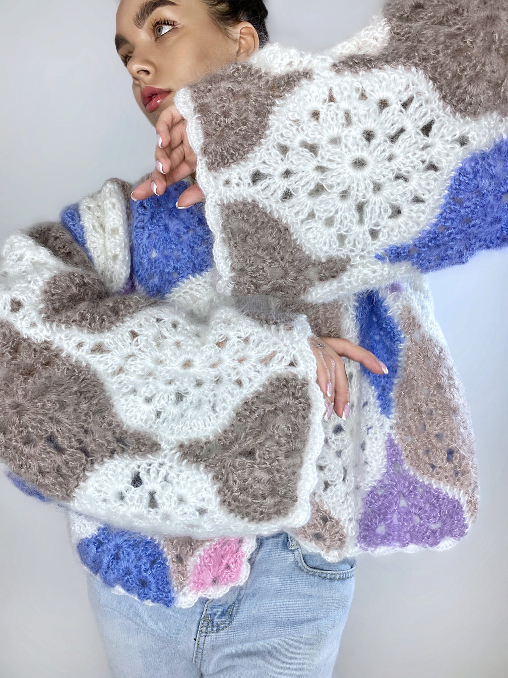 Knit mohair cardigan for women Crochet patchwork Balloon sleeves Mohair sweater Multicolor knitted coat Jacket Women Fluffy cardigan bolero