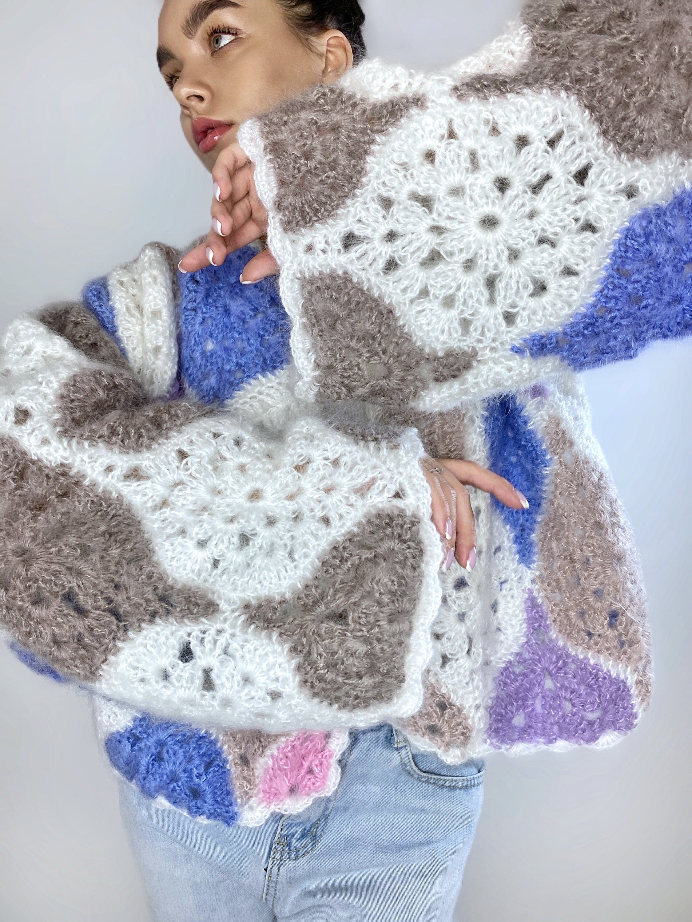 Knit mohair cardigan for women Crochet patchwork Balloon sleeves Mohair sweater Multicolor knitted coat Jacket Women Fluffy cardigan bolero