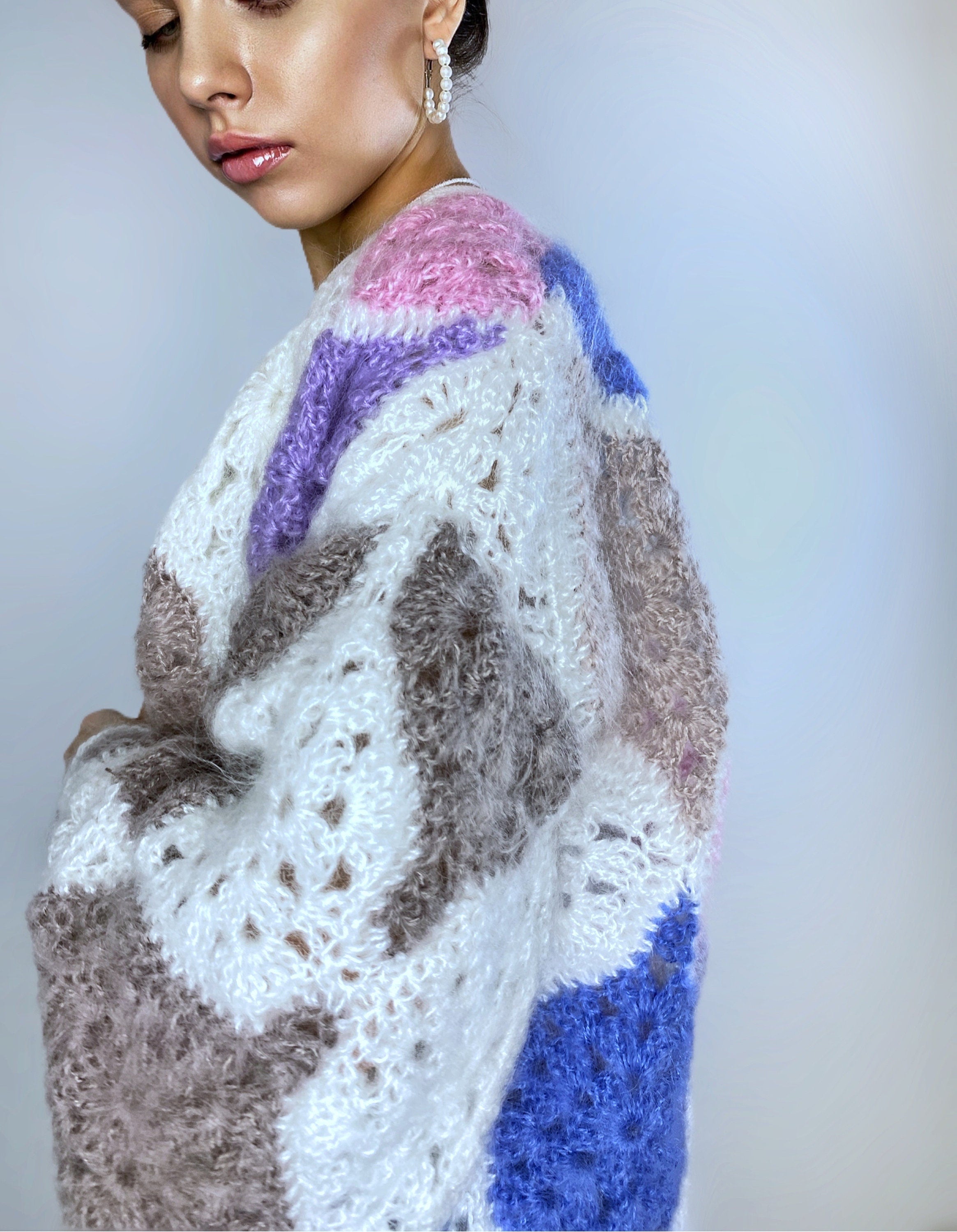 Knit mohair cardigan for women Crochet patchwork Balloon sleeves Mohair sweater Multicolor knitted coat Jacket Women Fluffy cardigan bolero