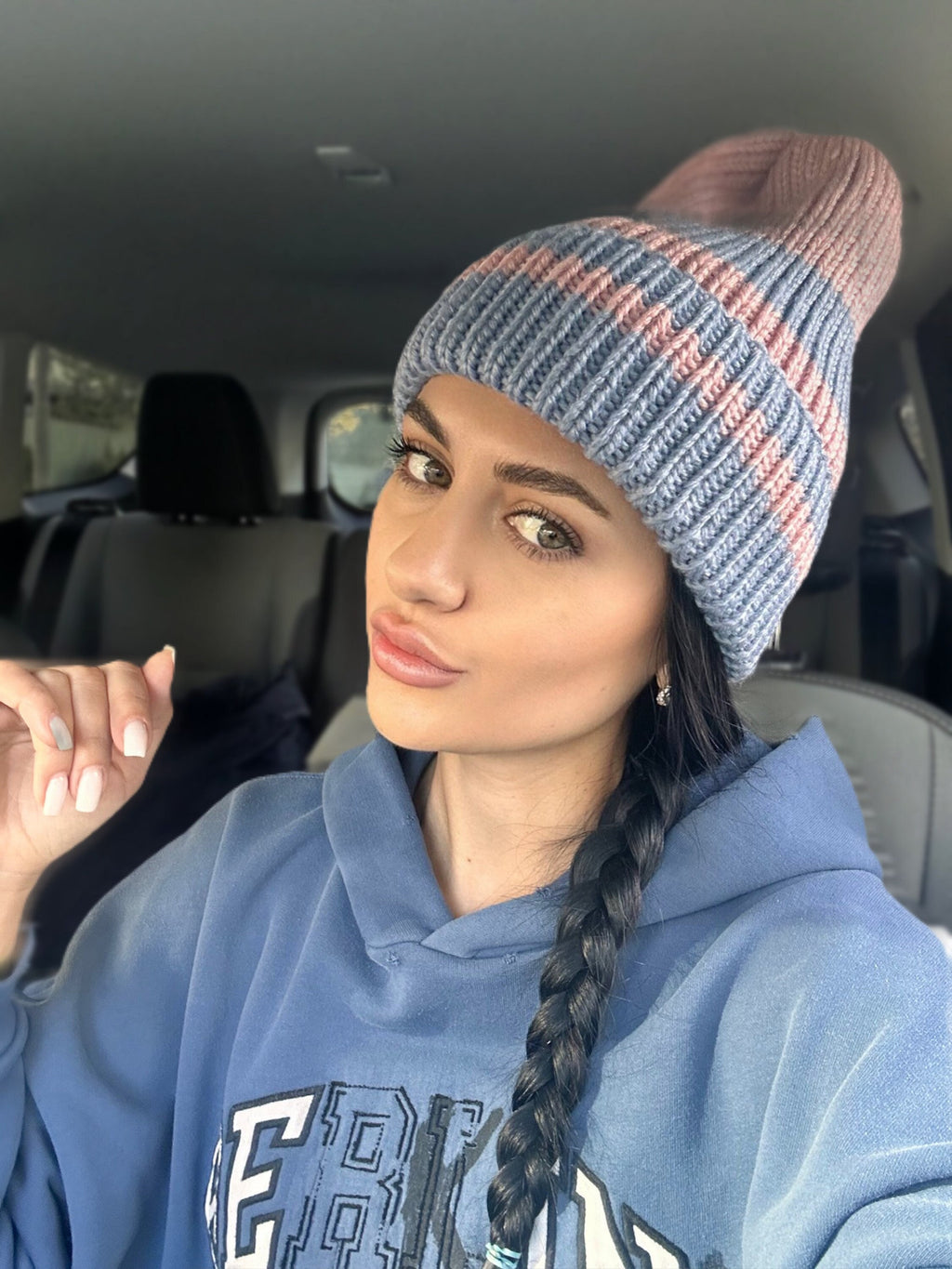 Hand knit beanie pink blue wool hat women Knitted winter hat strip high crown pink Knitted blue beanie woman Gift for her