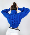 Crop hand knitted blue sweater Chunky Knit Turtleneck Oversized Pullover Women's Cable knit Jumper merino wool winter sweater