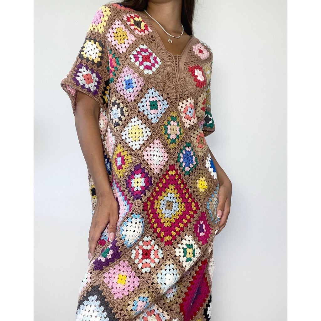 Crochet granny square dresses Crochet afghan dress Boho crochet dress Colorful dress Midi cotton dress Festival Clothing Vintage Style Dres